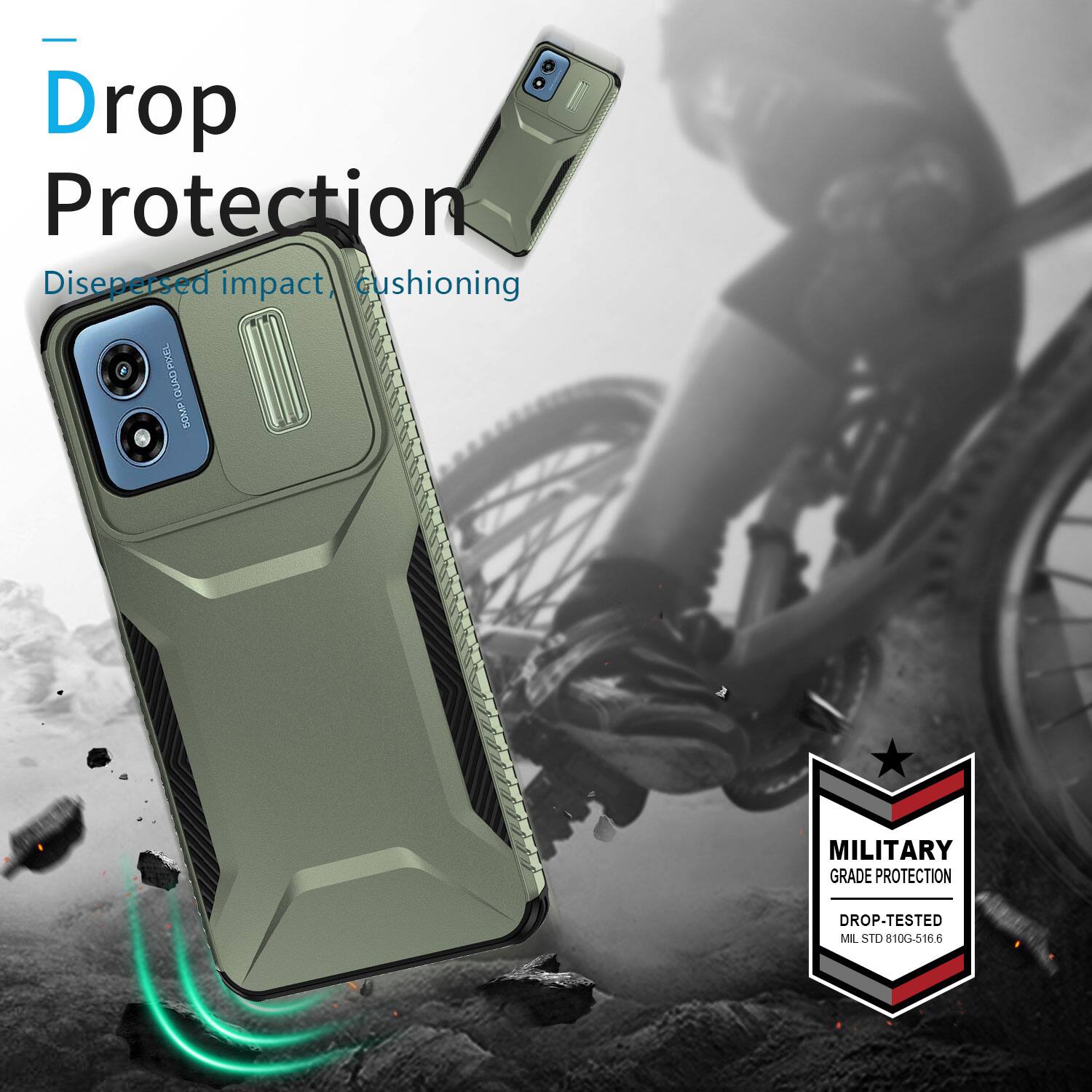 Drop Protection  
Dispersed impact cushioning  
PIXEL QUAD 50MP  
MILITARY GRADE PROTECTION  
DROP-TESTED MIL STD 810G-516.6
