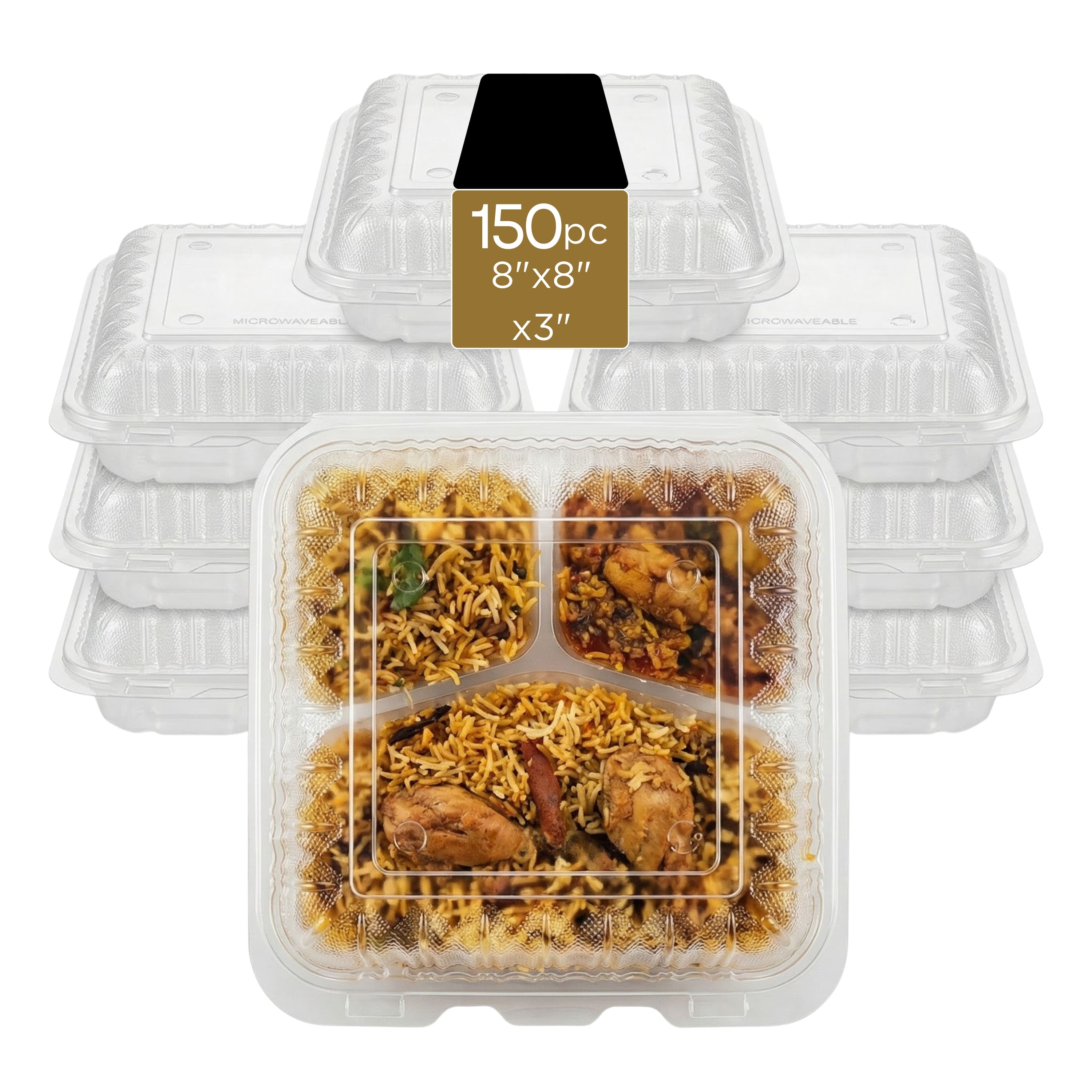 Eco Harmony Products - Hinged Container (PP), Translucent, Vented, 3-compartment, 8" x 8", 150-Pack - Clear