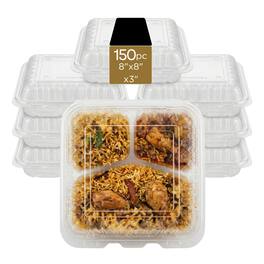 Eco Harmony Products - Hinged Container (PP), Translucent, Vented, 3-compartment, 8" x 8", 150-Pack - Clear