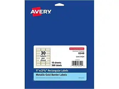 Avery
30 labels per sheet
10 sheets
300 labels
1" x 2 5/8" Rectangular Labels
Metallic Gold Border Labels
UM 6540
Laser/Tkjet
PATR2