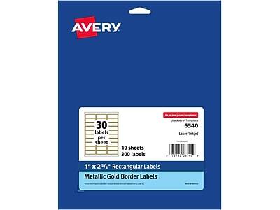 Avery  
30 labels per sheet  
10 sheets  
300 labels  
1" x 2 5/8" Rectangular Labels  
Metallic Gold Border Labels  
UM 6540  
Laser/Tkjet  
PATR2