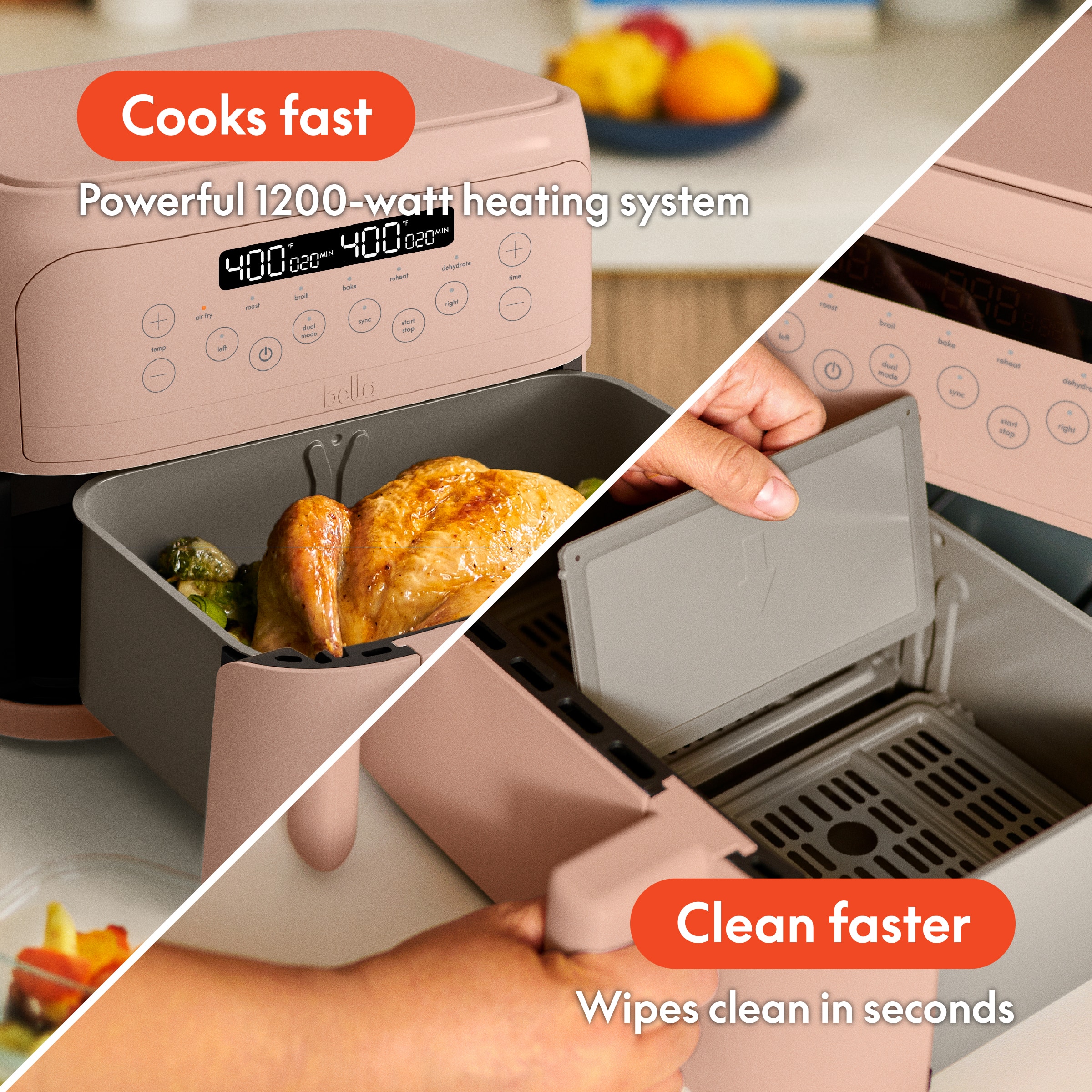 Cooks fast, Powerful 1200-watt heating system, Clean faster, Wipes clean in seconds