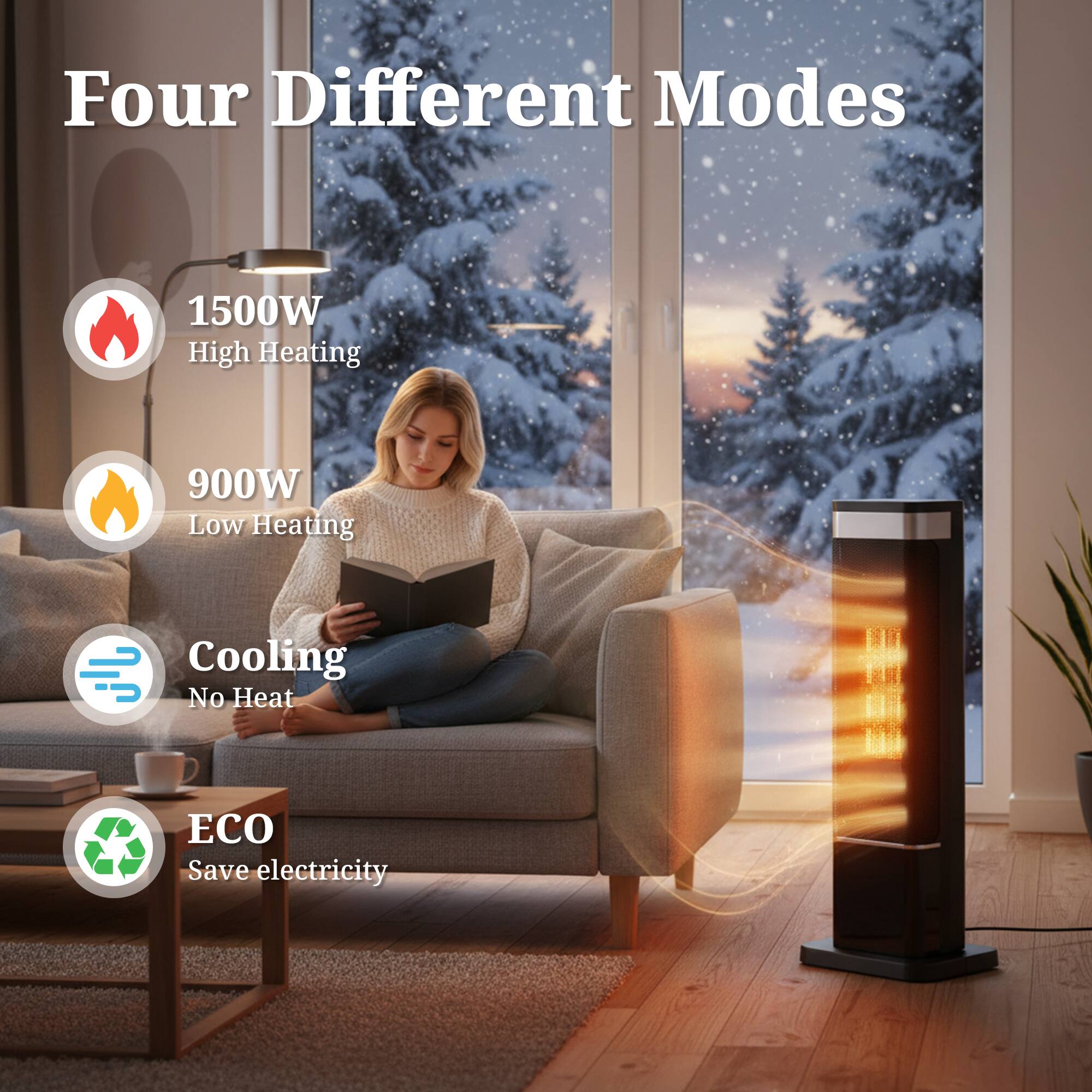 Four Different Modes

1500W High Heating

900W Low Heating

Cooling No Heat

ECO Save electricity