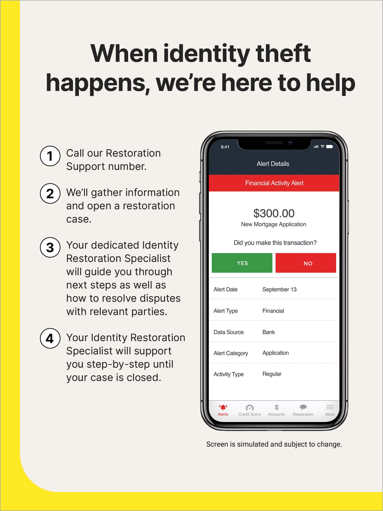 When identity theft happens, we're here to help.
1. Call our Restoration Support number.
2. We'll gather information and open a restoration case.
3. Your dedicated Identity Restoration Specialist will guide you through next steps as well as how to resolve disputes with relevant parties.
4. Your Identity Restoration Specialist will support you step-by-step until your case is closed.
Data Source: Bank Alert
Category: Application Activity
Type: Regular Alerts
Credit Score: Accounts Restoration
Screen is simulated and subject to change.