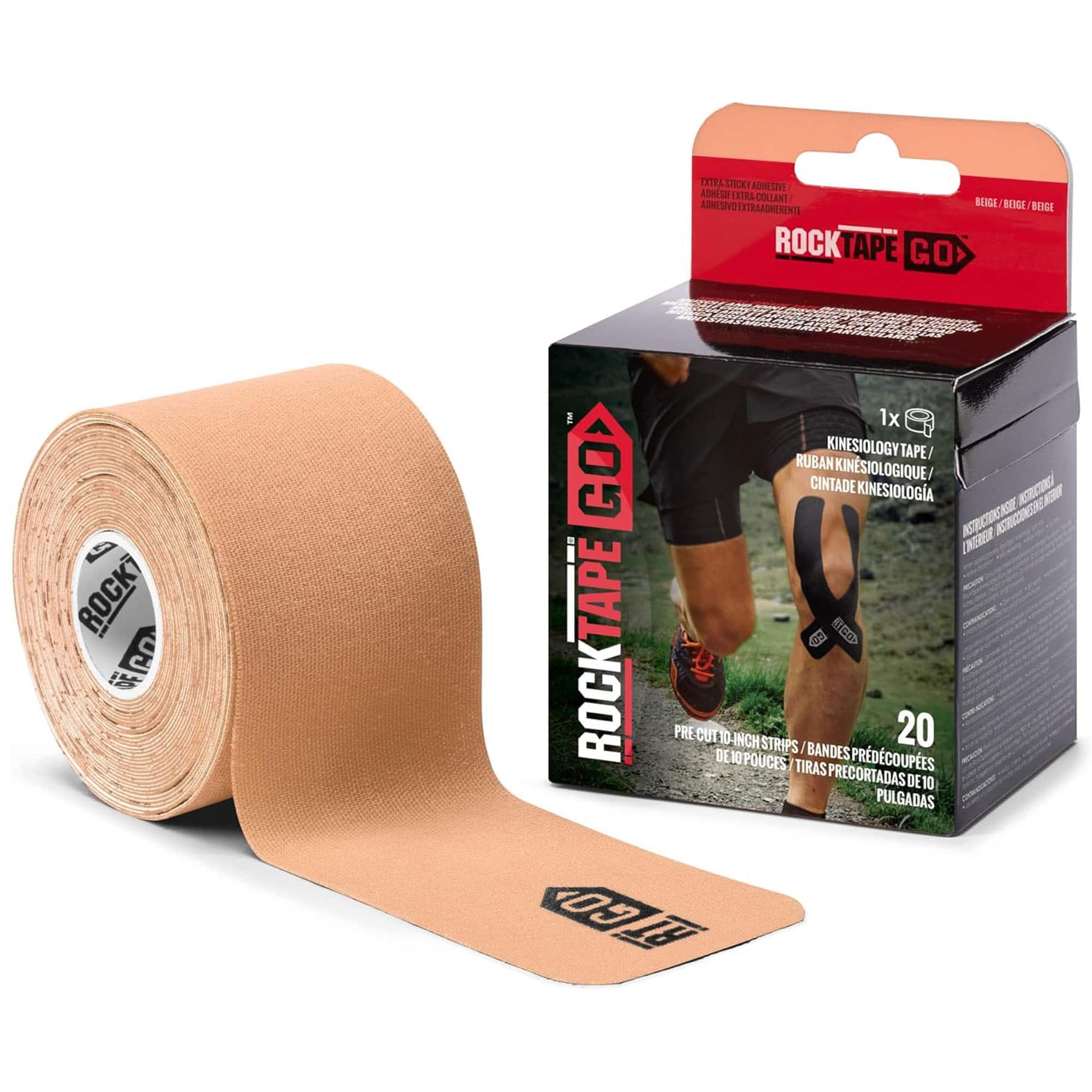 RockTape - Go 20 Pre-Cut 10-Inch Strips Kinesiology Extra Sticky Adhesive - Beige