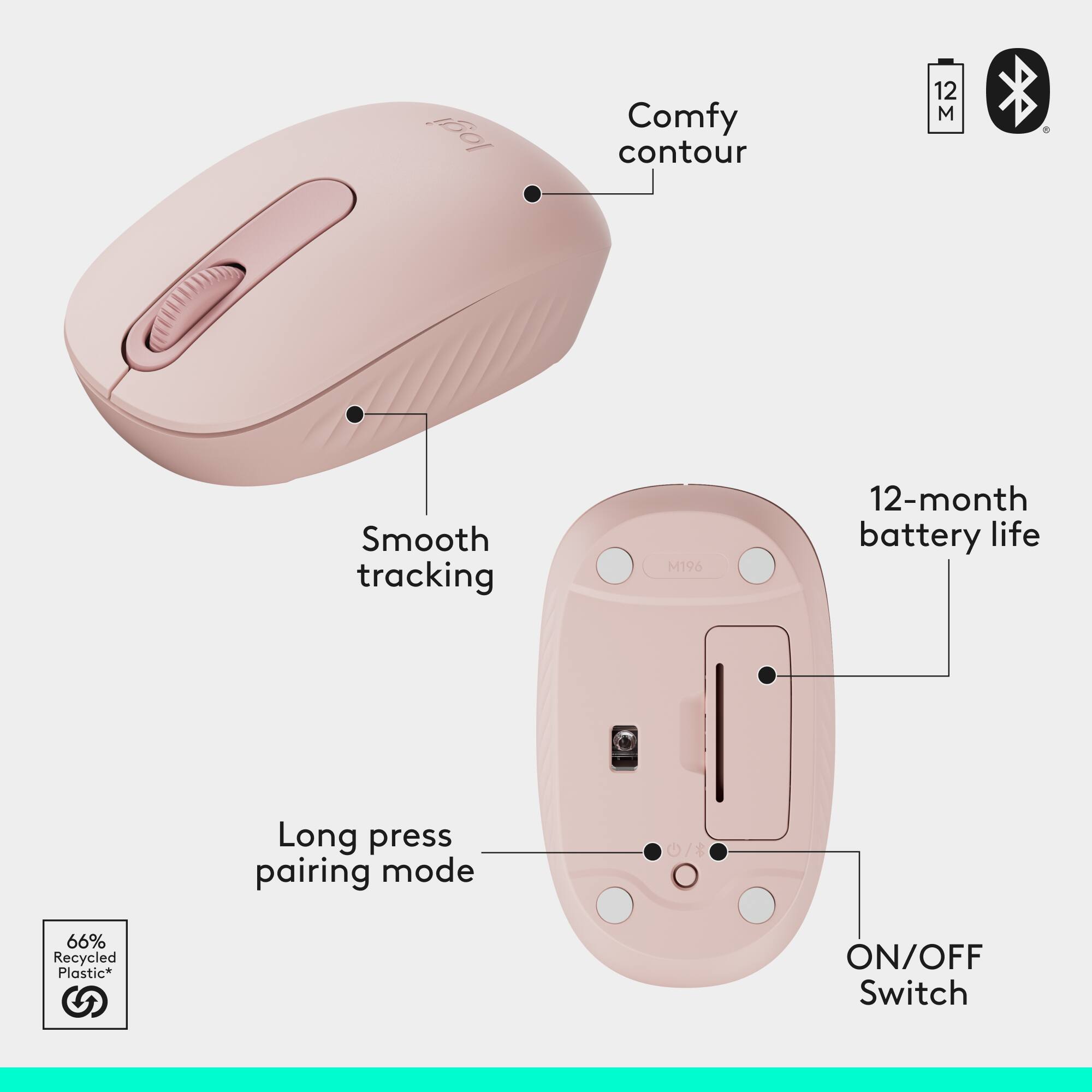 Logitech Comfy Contour Mouse:

* Comfy contour design for a comfortable grip
* Smooth tracking for precise cursor control
* 12-month battery life for extended use
* Long press pairing mode for easy setup
* Recycled plastic material for environmental friendliness
* ON/OFF switch for convenient power control

The image shows a diagram of a Logitech Comfy Contour Mouse, highlighting its key features and functions.
