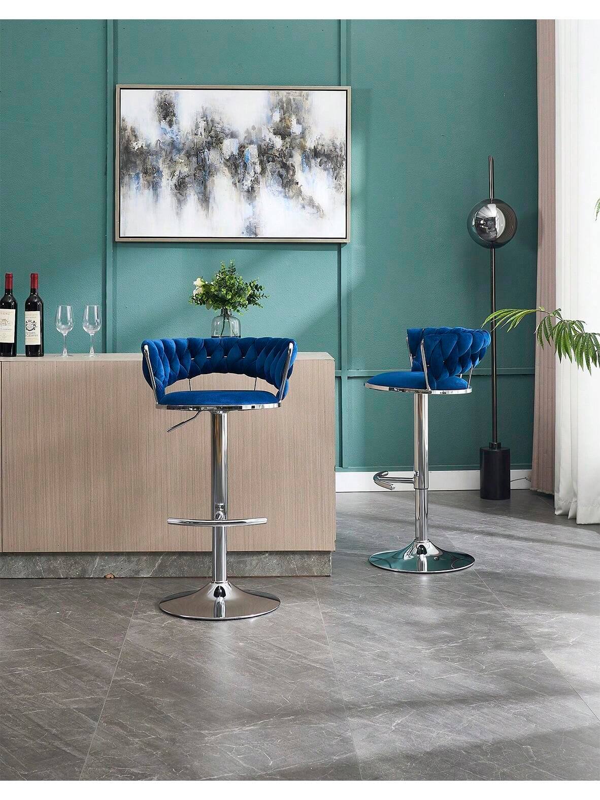 Trinkets Crazed - Velvet Bar Stools Set Of 2, Modern Swivel Barstools With Woven Backrest, Adjustable Counter Stools - Blue