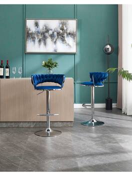 Trinkets Crazed - Velvet Bar Stools Set Of 2, Modern Swivel Barstools With Woven Backrest, Adjustable Counter Stools - Blue