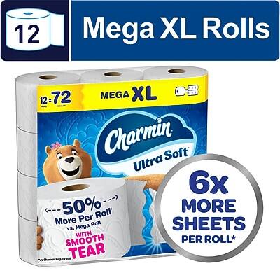 12 Mega XL Rolls  
12 = 72 MEGA XL Charmin Ultra Soft  
6x More Sheets Per Roll*  
50% More Per Roll*  
Smooth with Tear  
*Versus Regular Roll