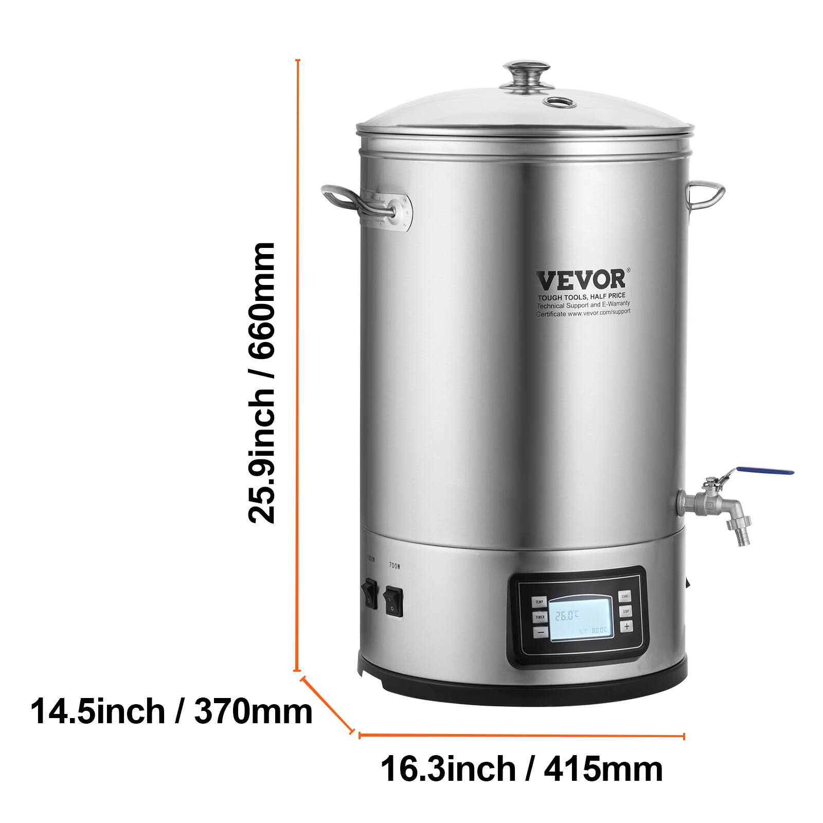 660mm / 25.9inch  
14.5inch / 370mm  
16.3inch / 415mm  

VEVOR  
TOUGH TOOLS HALF PRICE  
Technical Support and E-Warranty Certificate - www.vevor.com/support