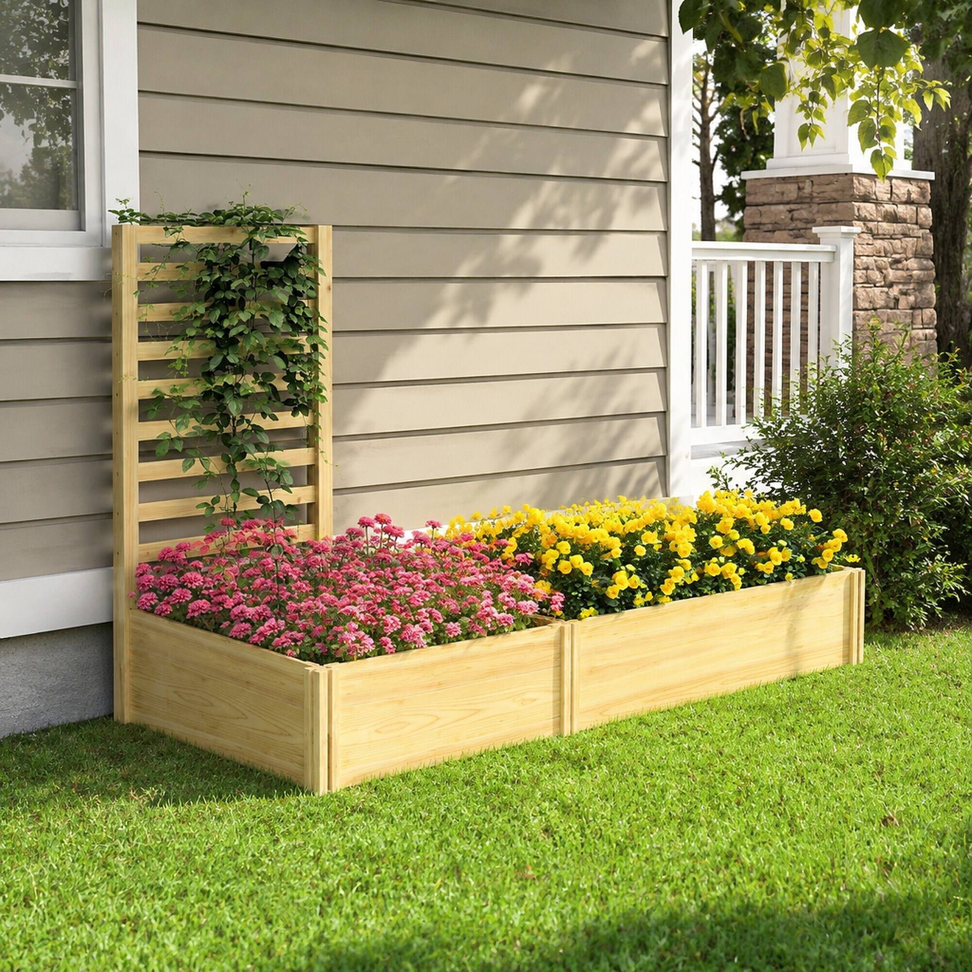 Angle. RYHNUYNE - Wooden Raised Garden Bed with Trellis, 43 Inch Fir Wood Planter Box, 2 Compartments for Climbing Plants - Natural.