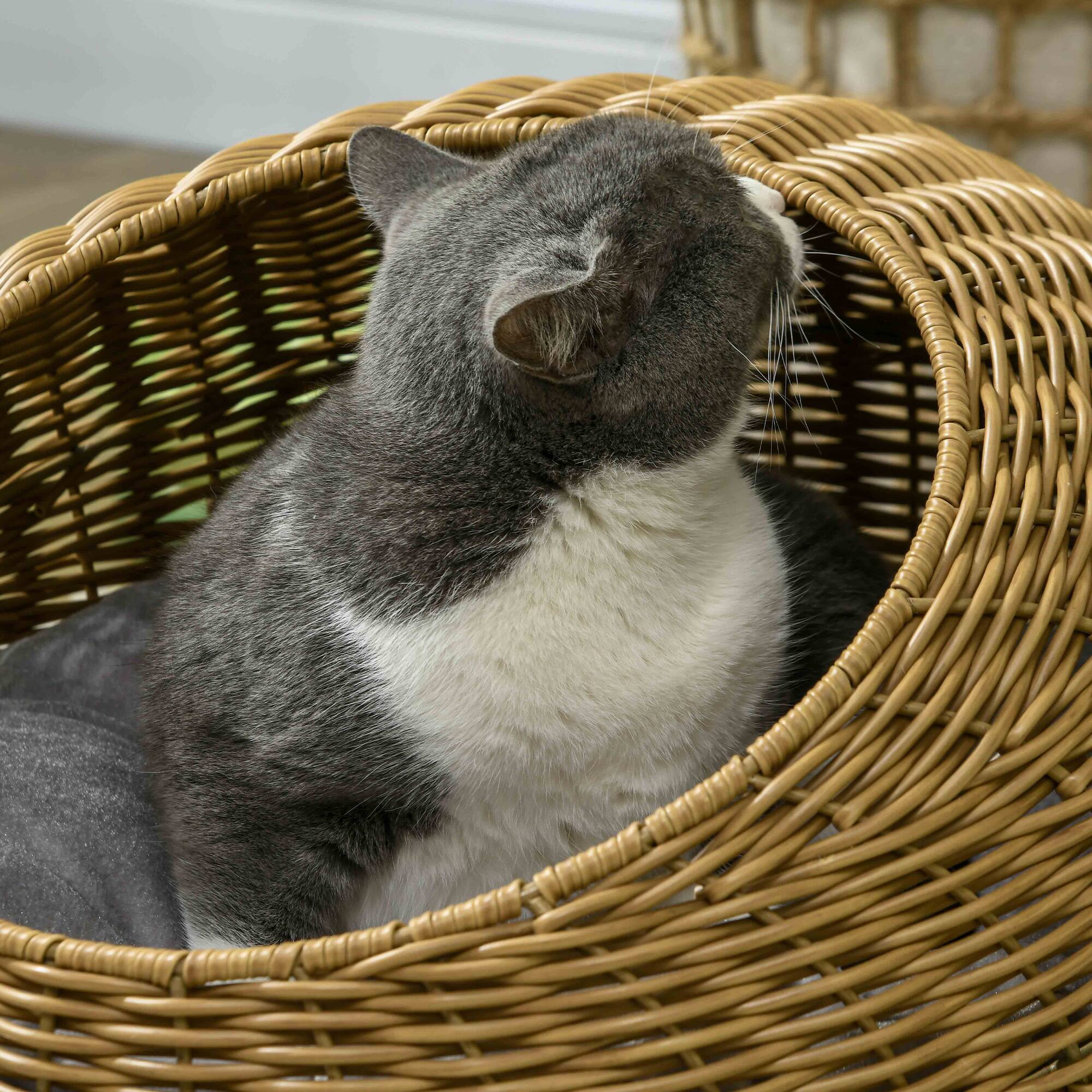 Alt View 4. Pawhut - Rattan Cat Bed, Wicker Cat House Basket with Washable Cushion for Small Indoor Cats and Dogs.