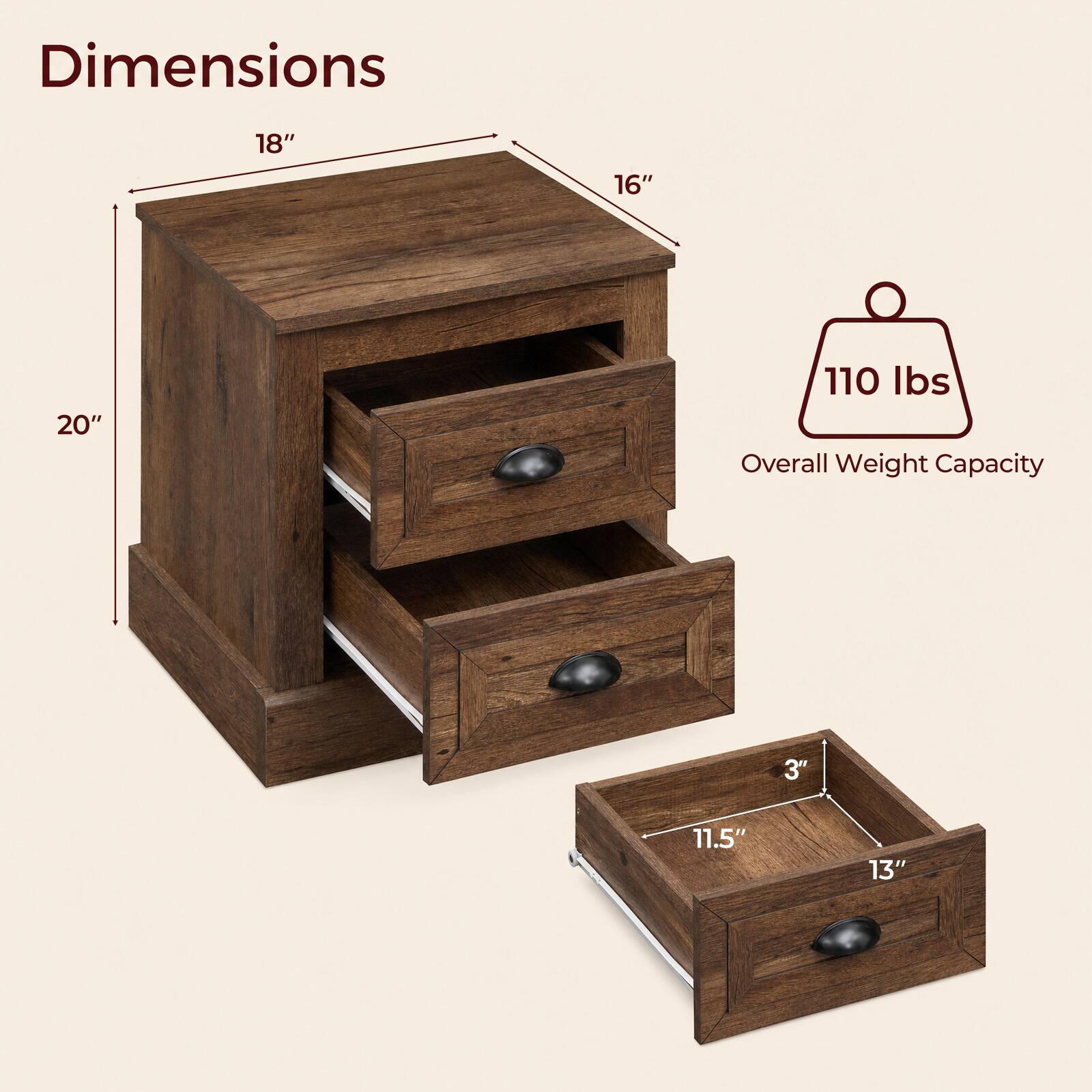 Dimensions
- 18"
- 16"
- 20"
- 11.5"
- 13"
- 3"

Overall Weight Capacity: 110 lbs