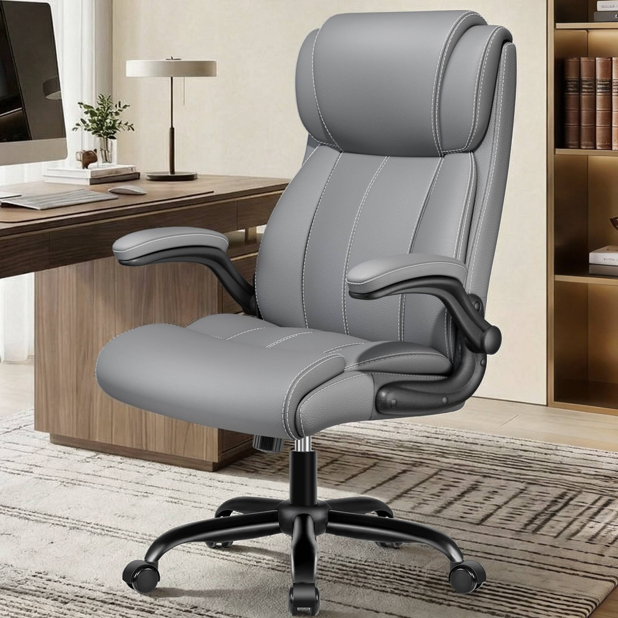 Brick Attic - 400 lbs High-Back Executive Office Chair with Adjustable Air Lumbar Flip-Up Armrests, Home Desk Rocking Computer Chair - Light Gray