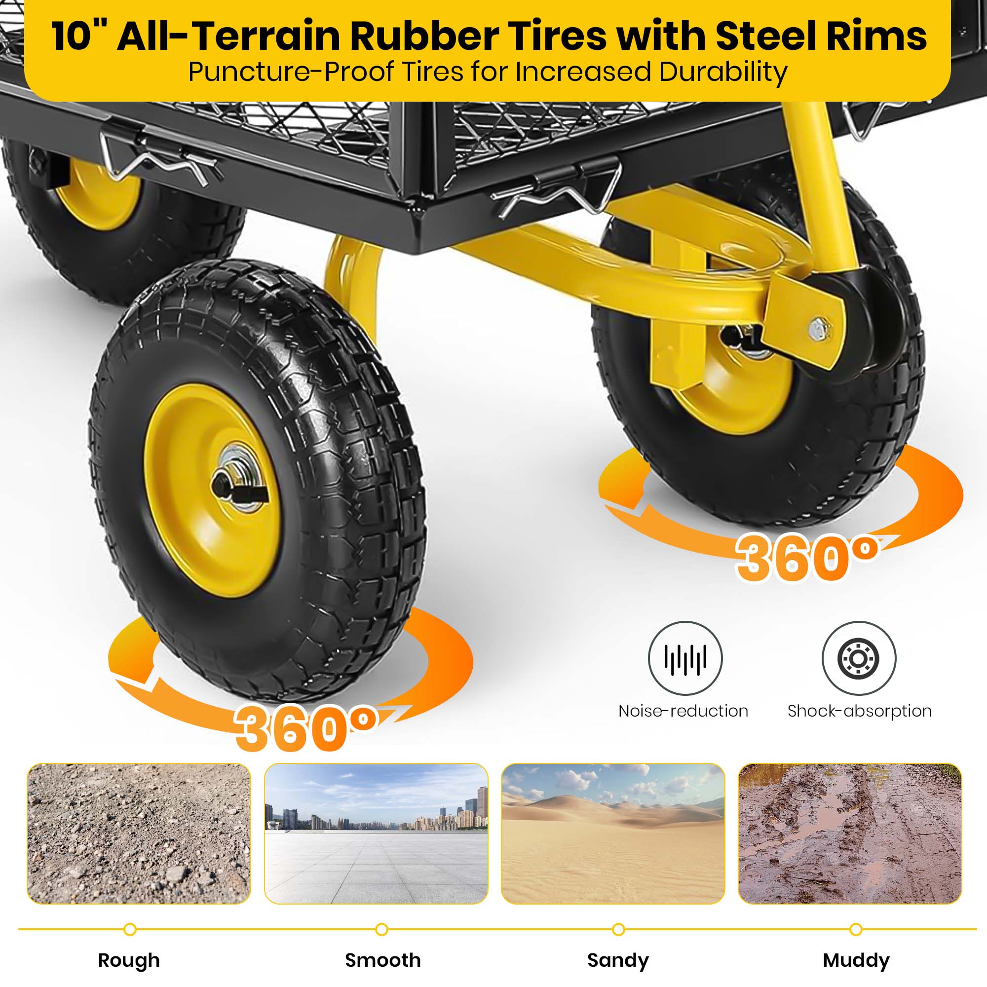 10" All-Terrain Rubber Tires with Steel Rims Puncture-Proof Tires for Increased Durability

360°
360°

Noise-reduction
Shock-absorption

Rough
Smooth
Sandy
Muddy