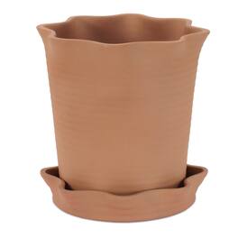 BreeBe - Wavy Ceramic Planter with Saucer 7.75"H - Brown