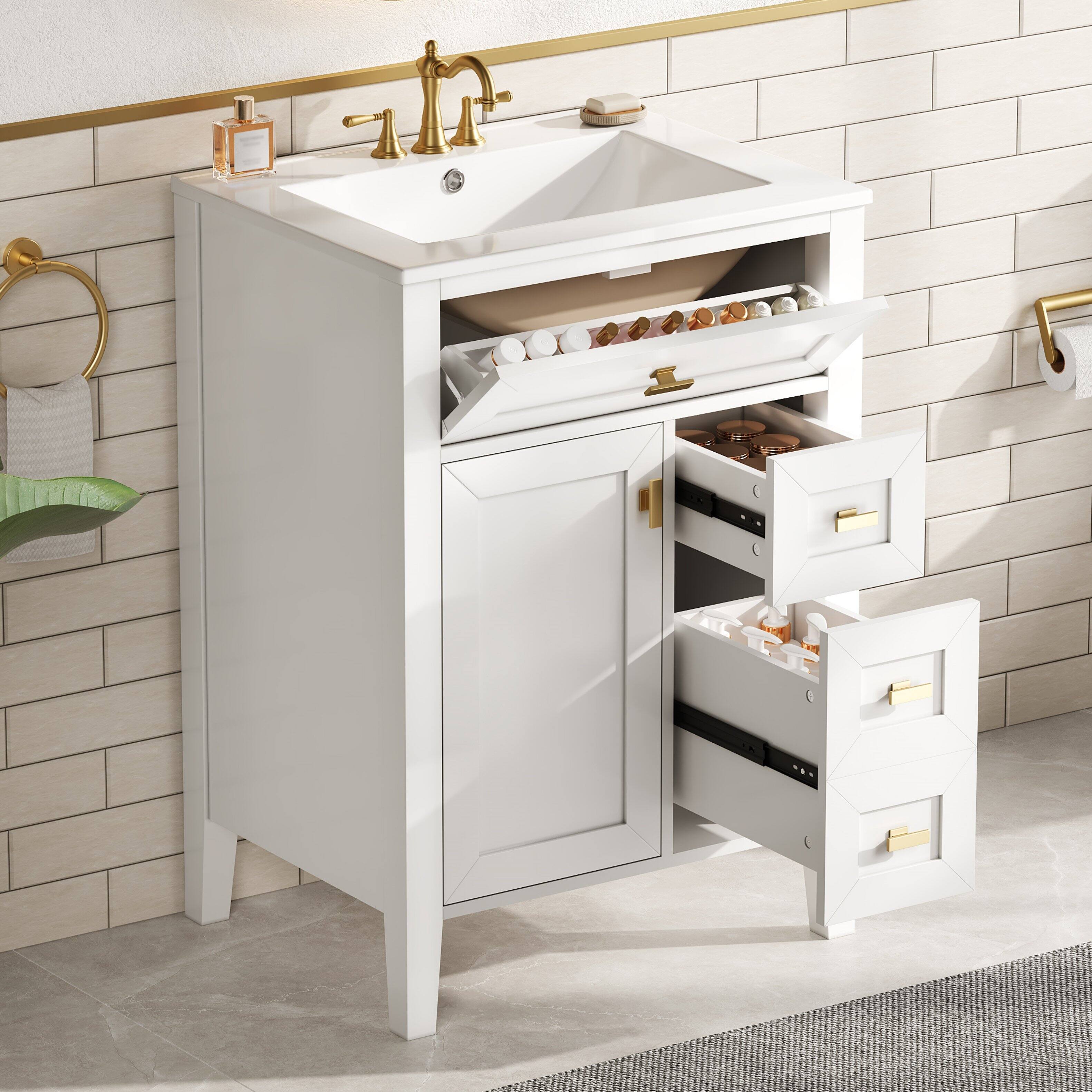 Angle. Whisen - 24-Inch Freestanding Bathroom Vanity with Ceramic Sink, 3 Drawers & 2 Door Storage Rack - White.
