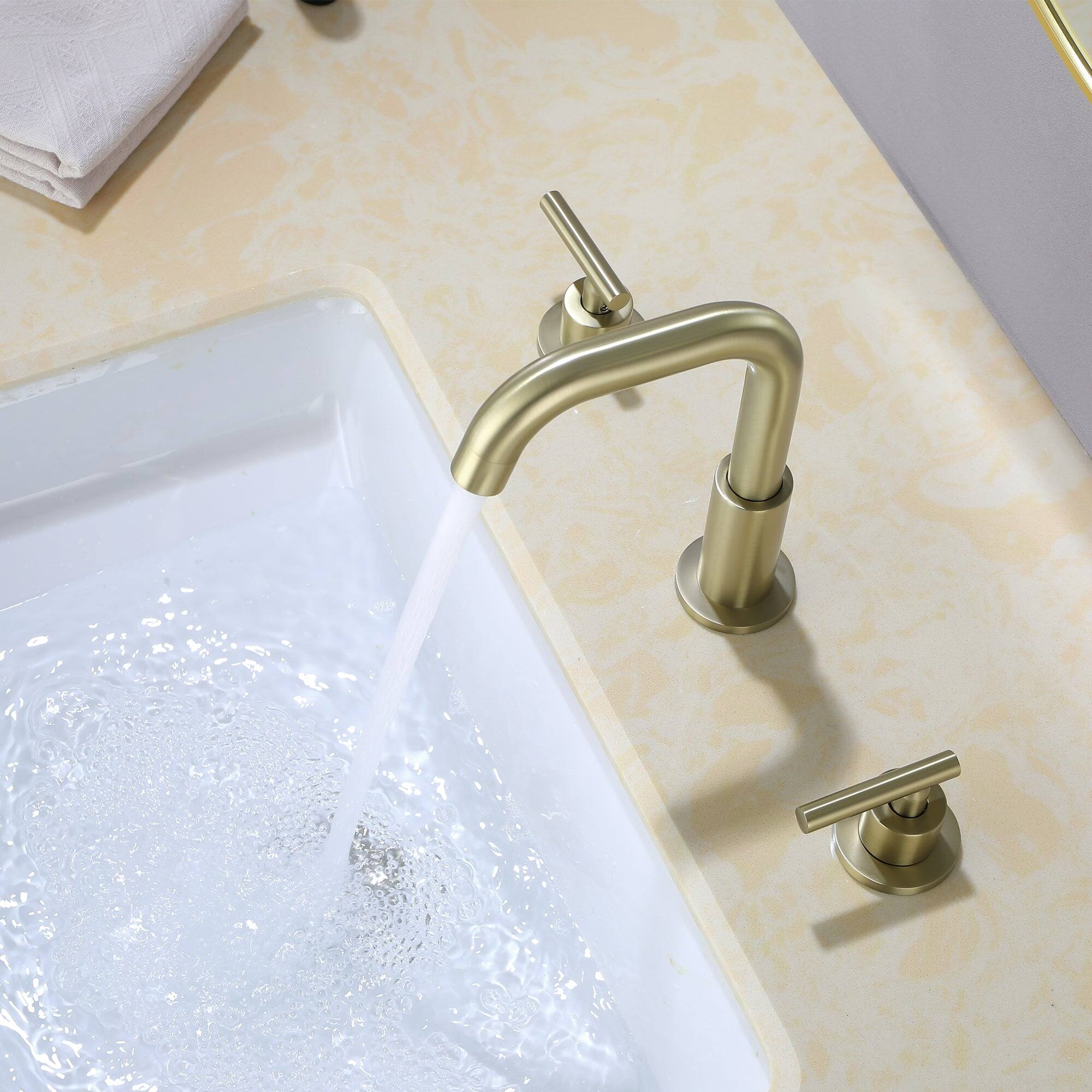 Angle. Boyel Living - 8 in. Widespread 2-Handle Mid-Arc Bathroom Faucet with Valve and cUPC Water Supply Lines - Brushed Gold.