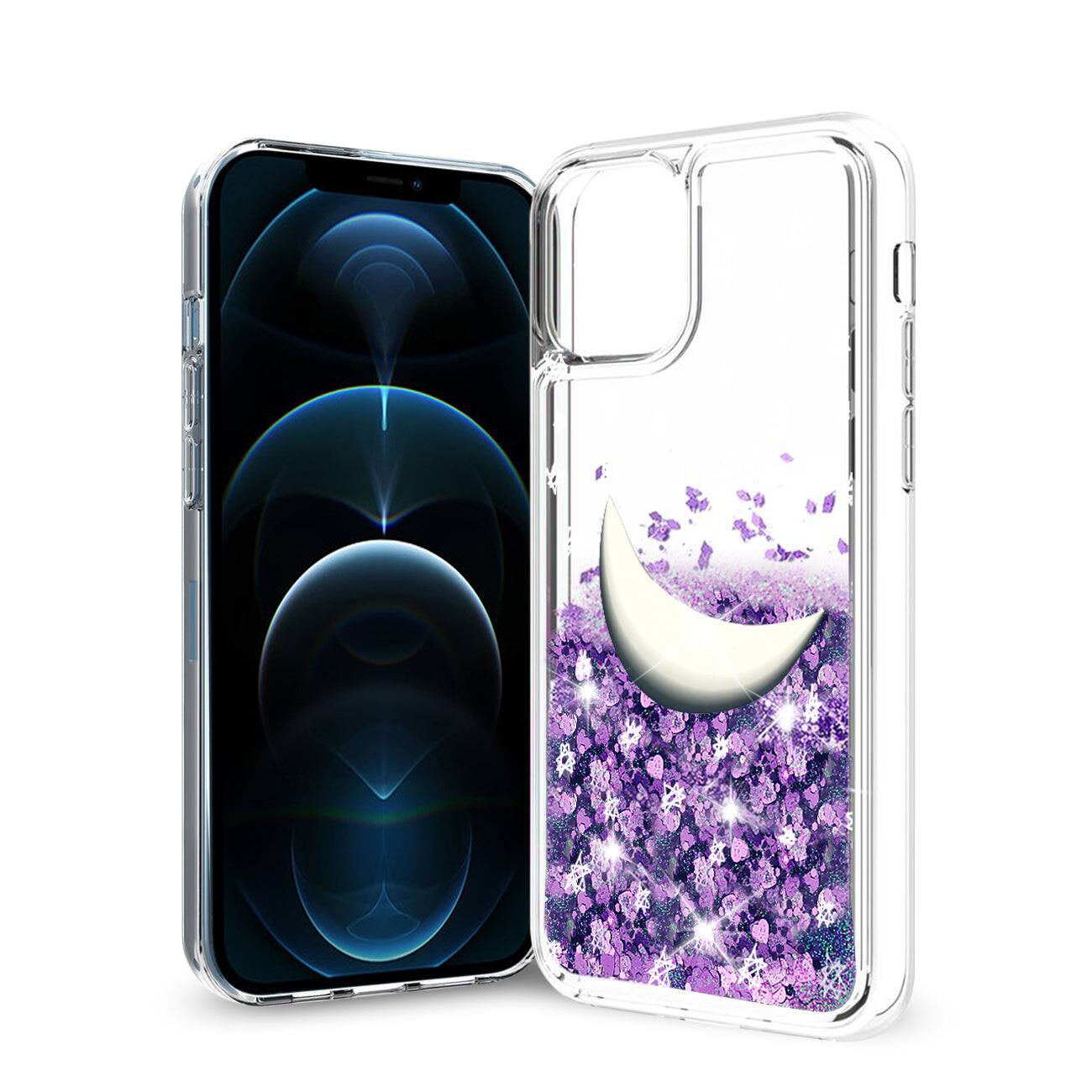 Front. Reiko - Iphone 12 / 12 Pro Glitter Case Moving Quicksand Purple Moon - Purple.