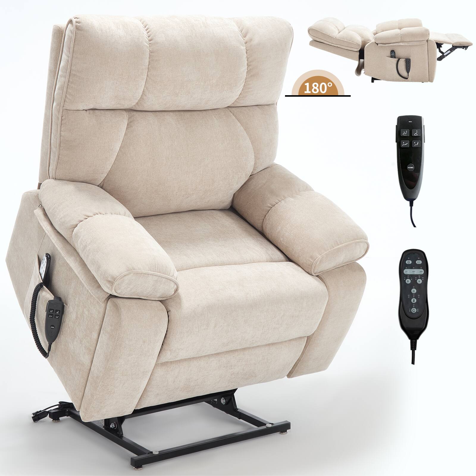 Front. LUCKY ONE - Chenille Dual Motor Power Lift Recliner Chair with Massage, Heat and Hidden Cup Holders - Beige.