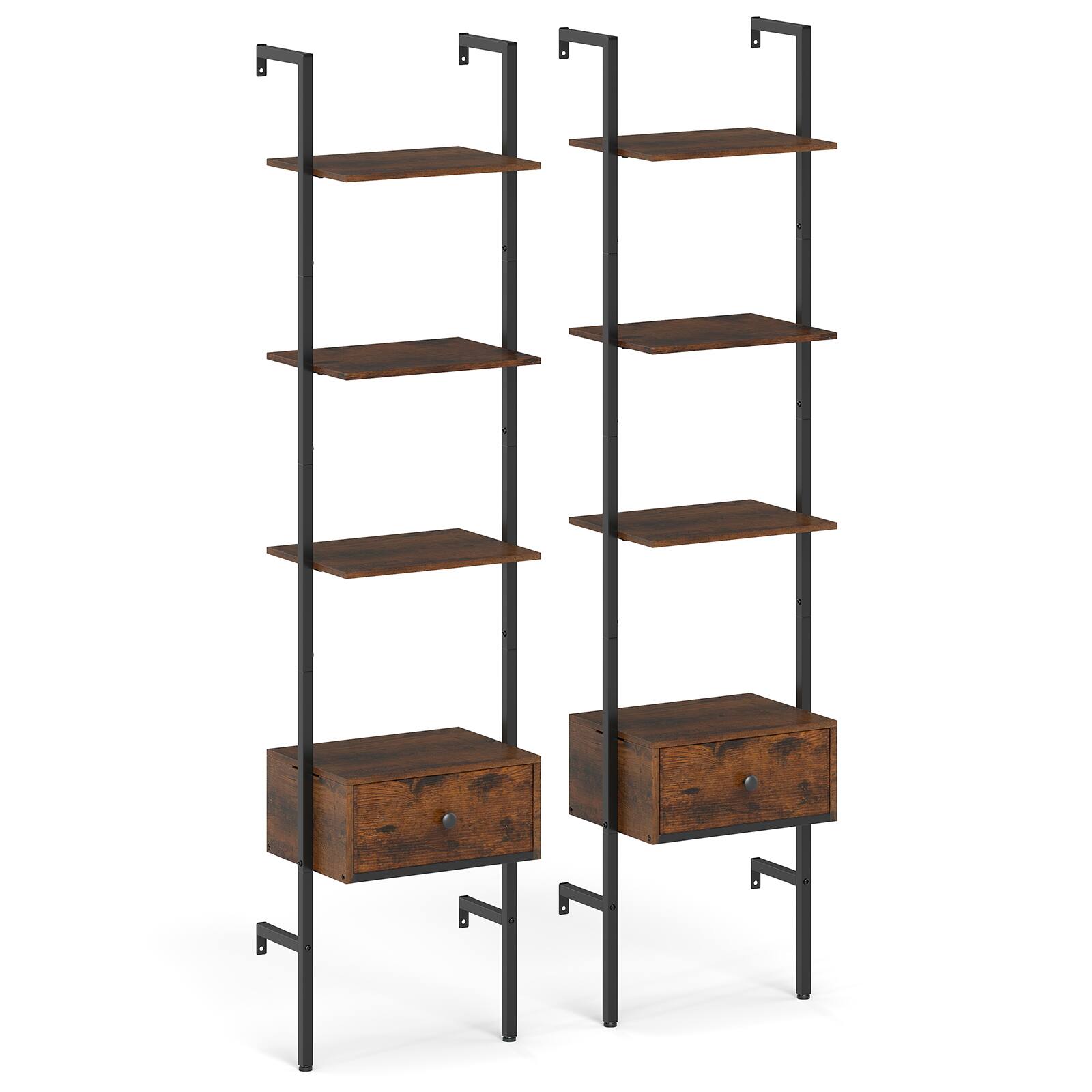 Alt View 9. Gymax - Gymax 2 PCS 5-Tier Bookshelf w/ Drawer 70'' Wall Mount Ladder Bookcase w/ Metal Frame - Brown.