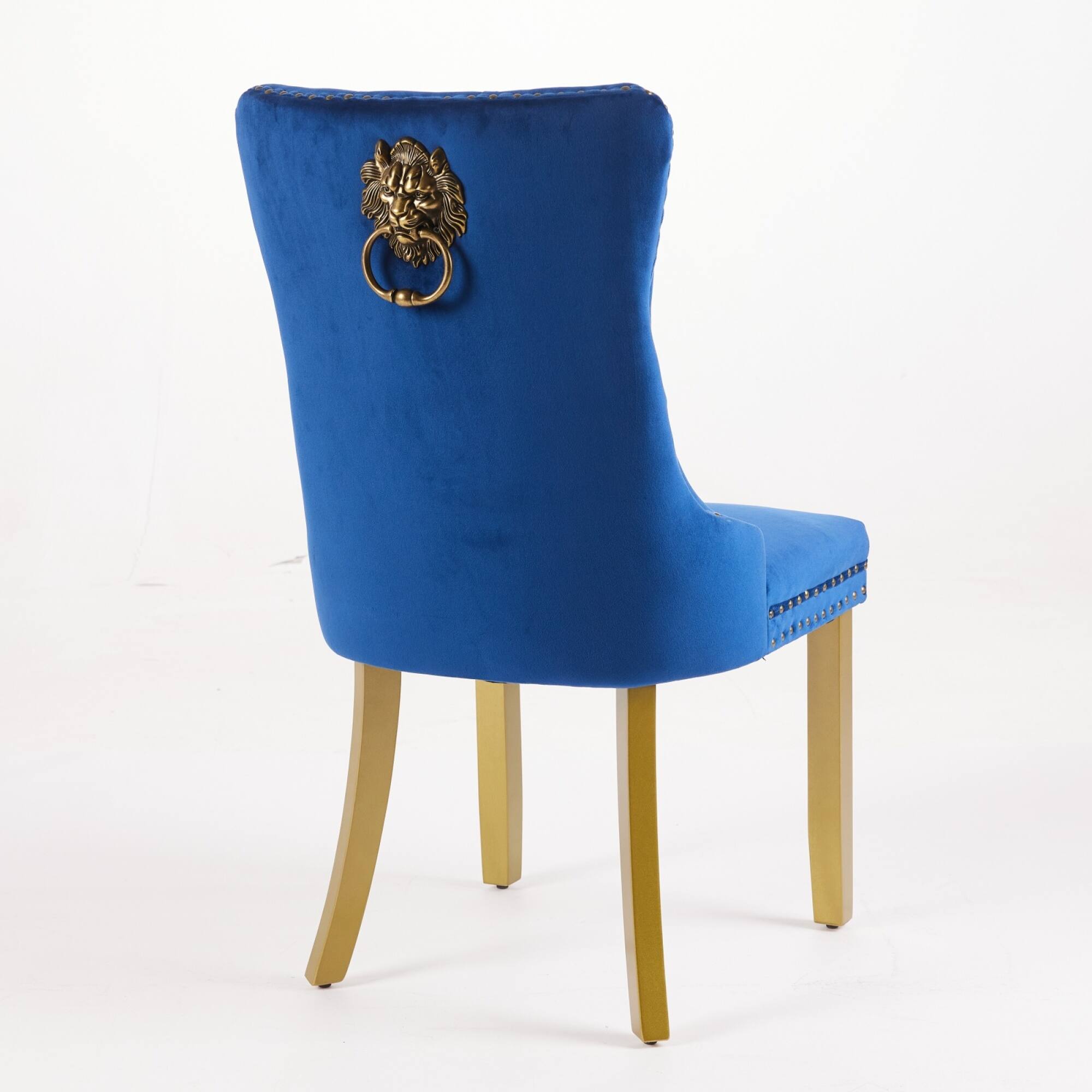 Alt View 2. GOODSILO - Modern Tufted Velvet Dining Chairs with Lion Head Pull Rings and Golden Wooden Legs, Set of 2 - Blue.