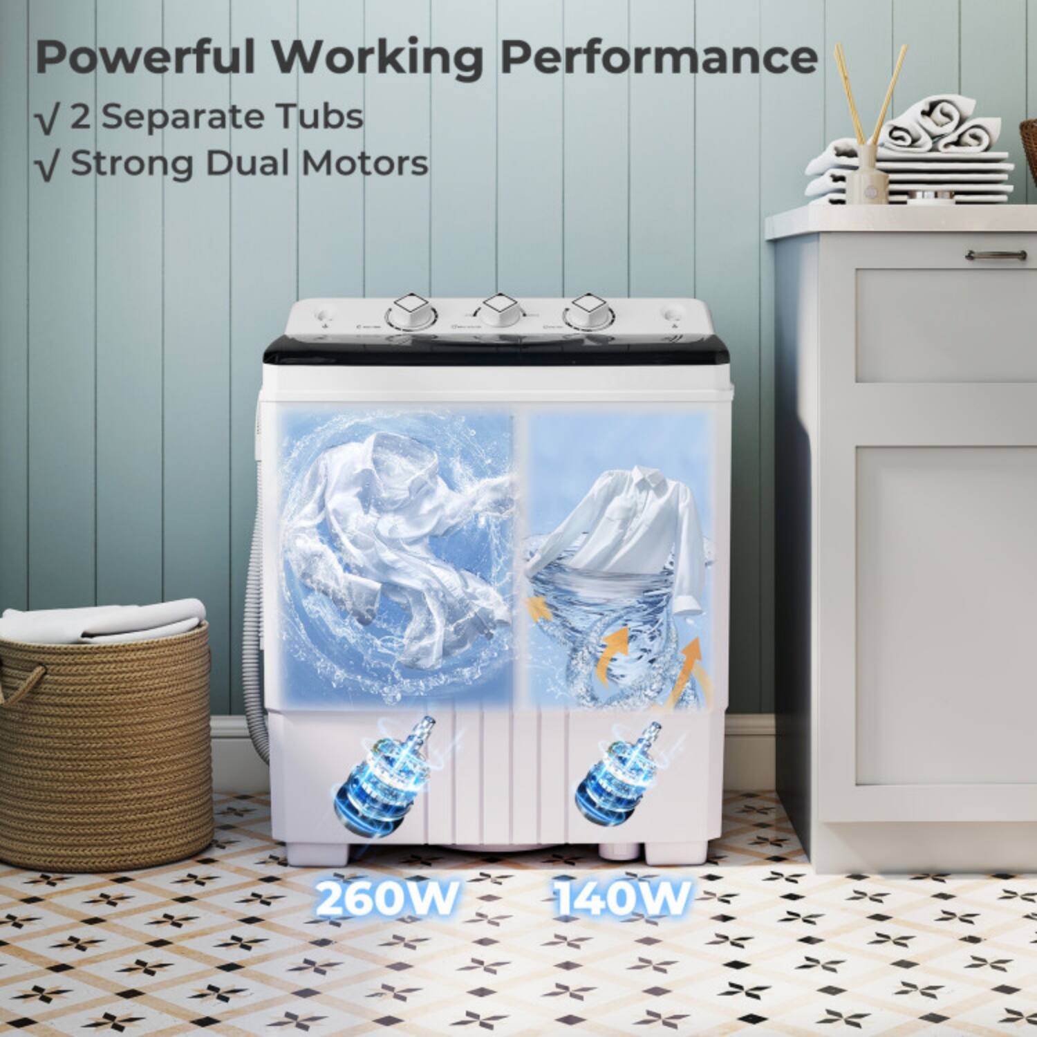 Powerful Working Performance  
✓ 2 Separate Tubs  
✓ Strong Dual Motors  
260W  
140W