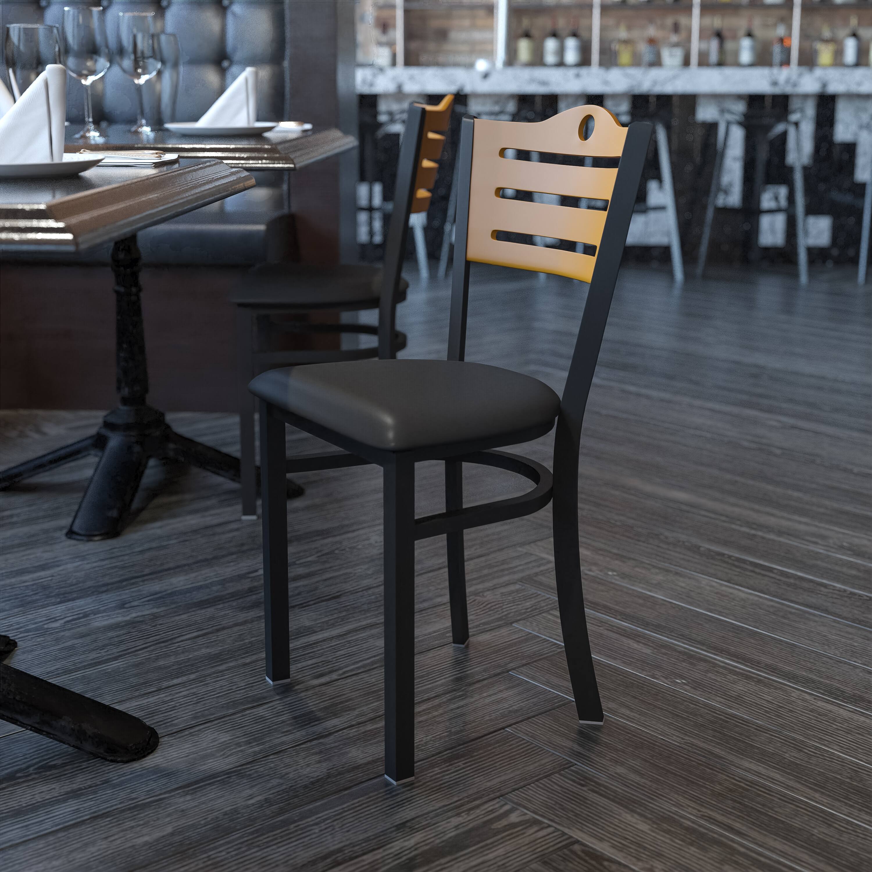 Alt View 1. Emma + Oliver - Slat Back Metal Restaurant Dining Chair - Natural Wood Back/Black Vinyl Seat/Black Metal.