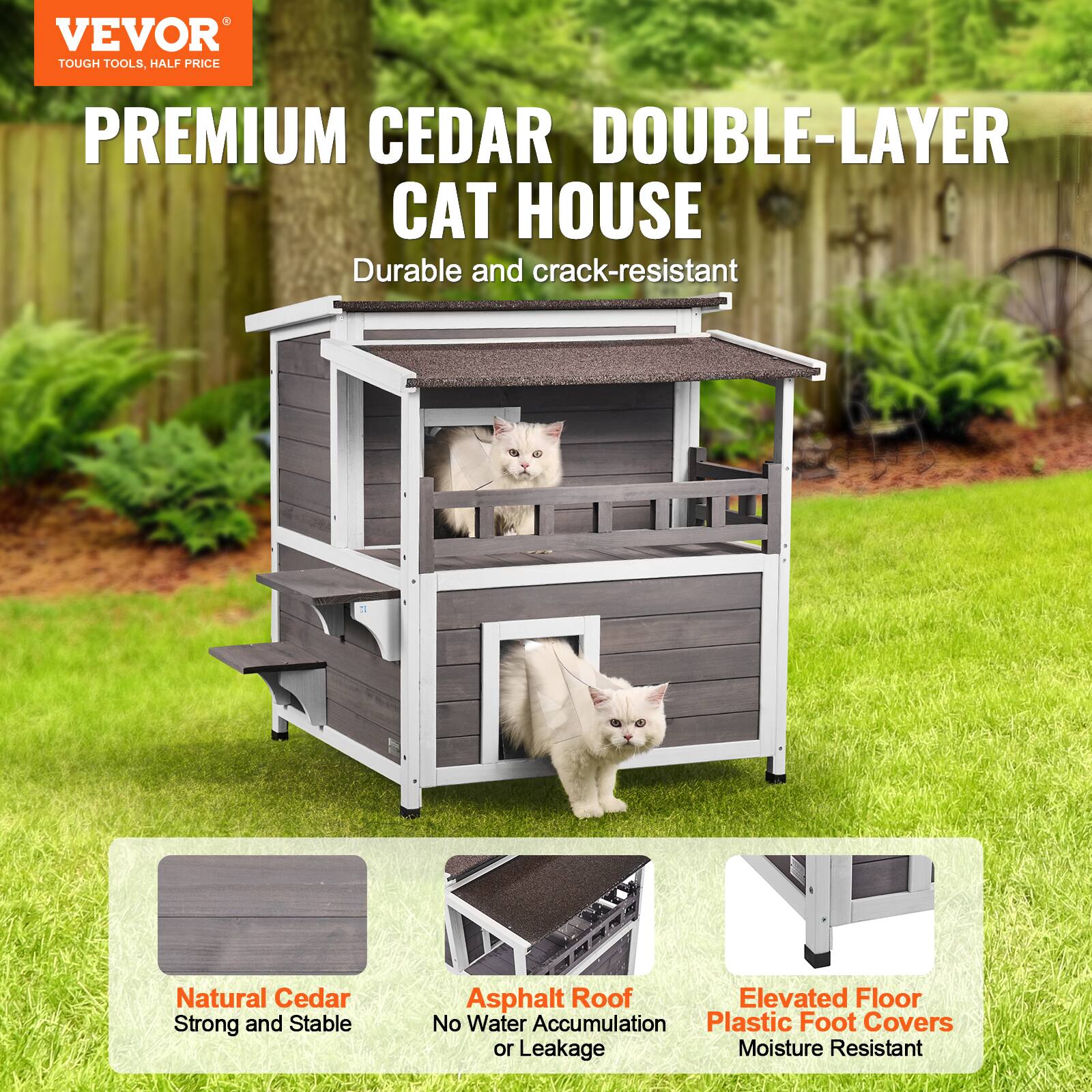 VEVOR TOUGH TOOLS, HALF PRICE PREMIUM CEDAR DOUBLE-LAYER CAT HOUSE

- Durable and crack-resistant
- Natural Cedar: Strong and Stable
- Asphalt Roof: No Water Accumulation
- Elevated Floor
- Plastic Foot Covers: No Leakage
- Moisture Resistant