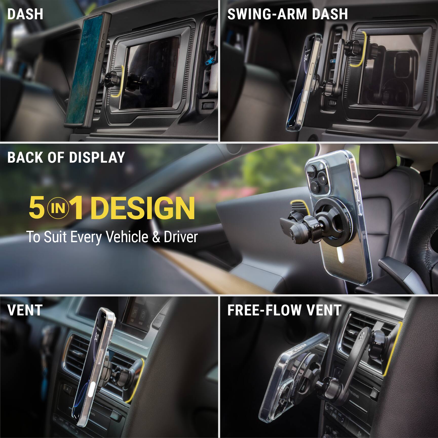 The image features a car with a dashboard and a display. There are five different designs showcased, each with a unique feature. The first design is a swing-arm dash, the second is a back of display, the third is a 5 in 1 design, the fourth is a vent, and the fifth is a free-flow vent. The image highlights the versatility and customization options available for car interiors.
