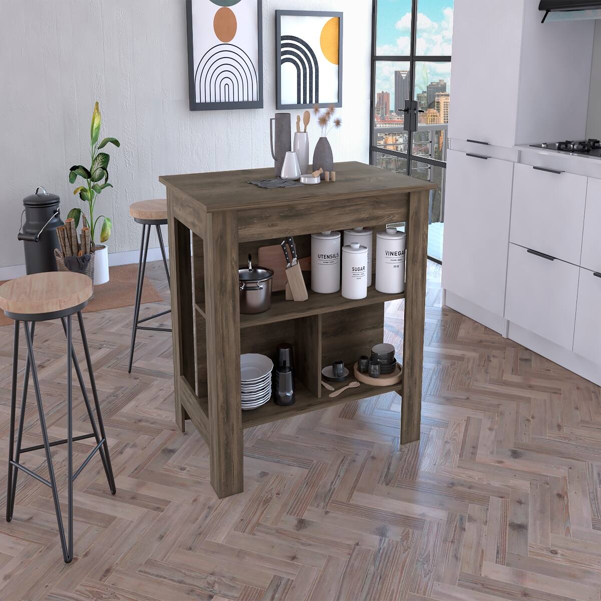 Loheer Cala Modern Rectangular Kitchen Island Dark Brown - Best Buy
