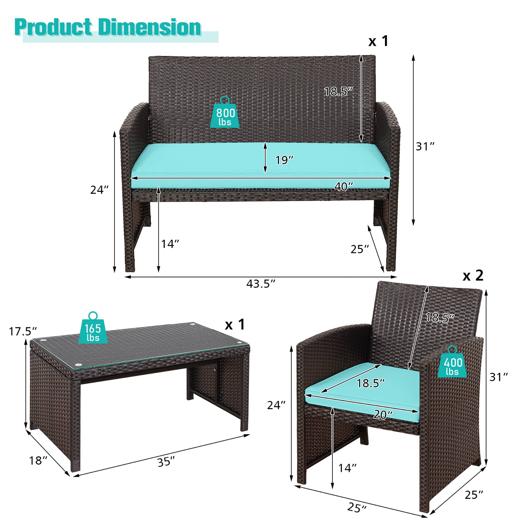 Product Dimension

x1  
- 18.5" x 31" x 40" x 25" x 43.5"  
- 24" x 14"  
- 800 lbs  

x2  
- 18.5" x 31" x 20" x 25"  
- 24" x 14"  
- 400 lbs  

x1  
- 17.5" x 18" x 35"  
- 165 lbs