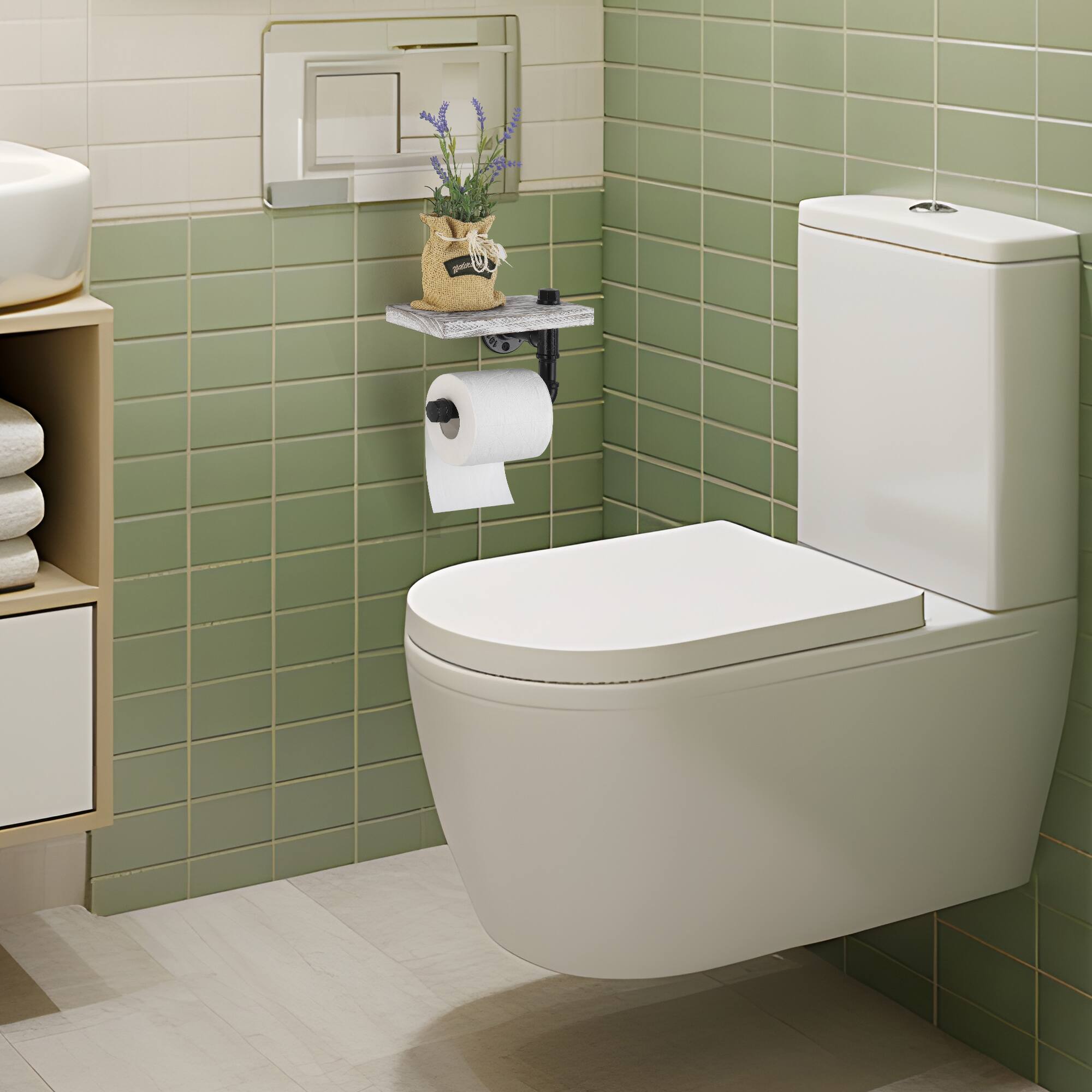 Front. Oumilen - Industrial Pipe Toilet Paper Holder with Shelf.