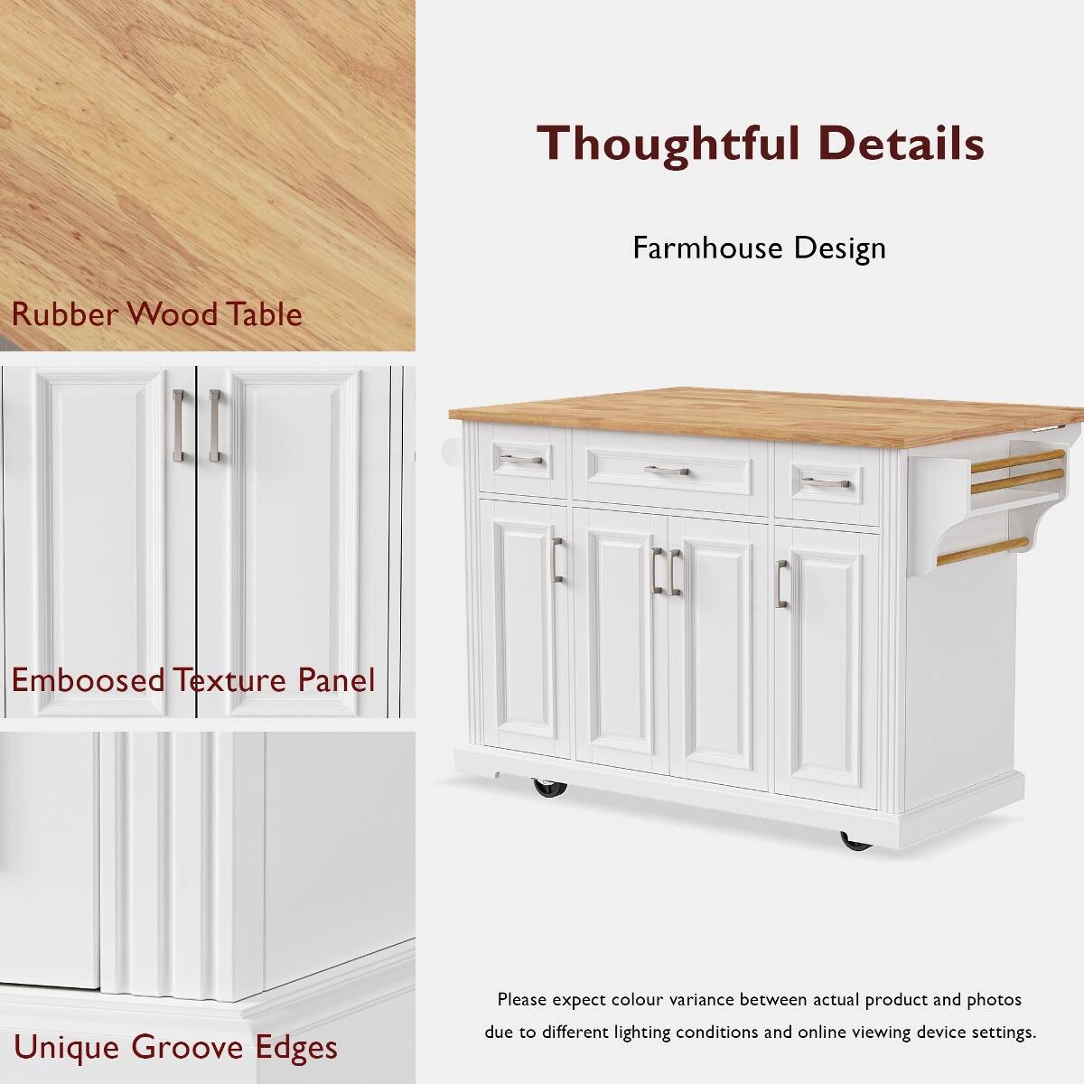 Thoughtful Details  
Farmhouse Design  
Rubber Wood Table  
Embossed Texture Panel  
Unique Groove Edges  

Please expect colour variance between actual product and photos due to different lighting conditions and online viewing device settings.