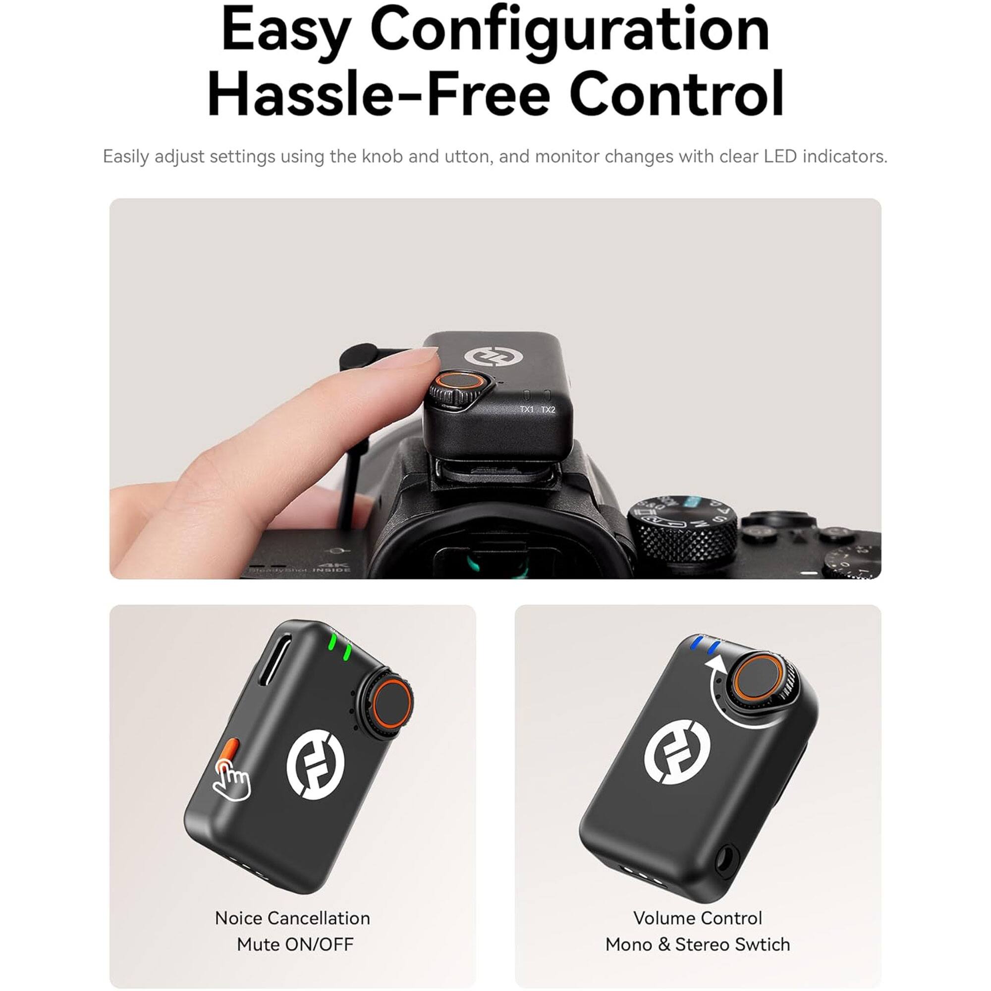 Easy Configuration  
Hassle-Free Control

Easily adjust settings using the knob and button, and monitor changes with clear LED indicators.

- Noise Cancellation  
  Mute ON/OFF

- Volume Control  
  Mono & Stereo Switch