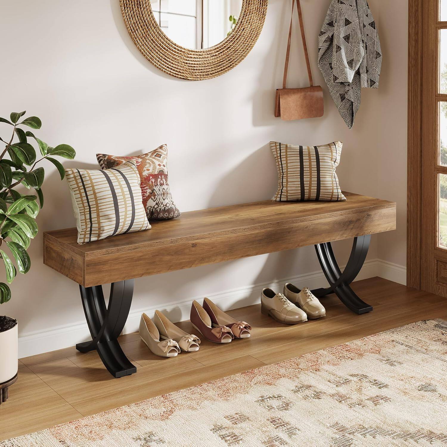 Angle. Tribesigns - Office Reception Bench with Engineered Wood Construction, Metal Frame, for Office Entryways and Waiting Areas - Brown.