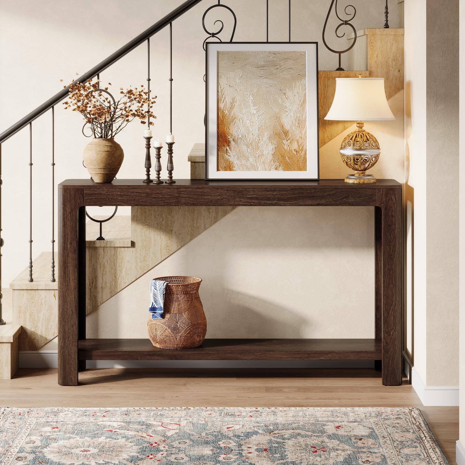 Back. Tribesigns - 63-Inch Console Table, Farmhouse Entryway Table with Storage, Narrow Sofa Table Behind Couch for Living Room, Hallway, F - Dark Brown.