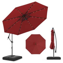 Gymax - 10 FT Solar Offset Hanging Umbrella Patio Cantilever Umbrella w/ 32 LED Lights - Red