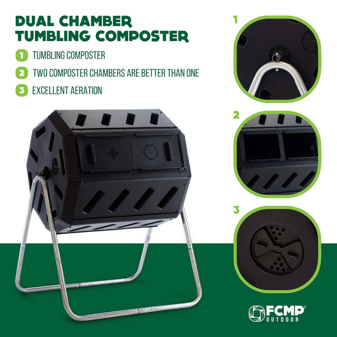 DUAL CHAMBER TUMBLING COMPOSTER

1. TUMBLING COMPOSTER
2. TWO COMPOSTER CHAMBERS ARE BETTER THAN ONE
3. EXCELLENT AERATION

FCMP OUTDOOR