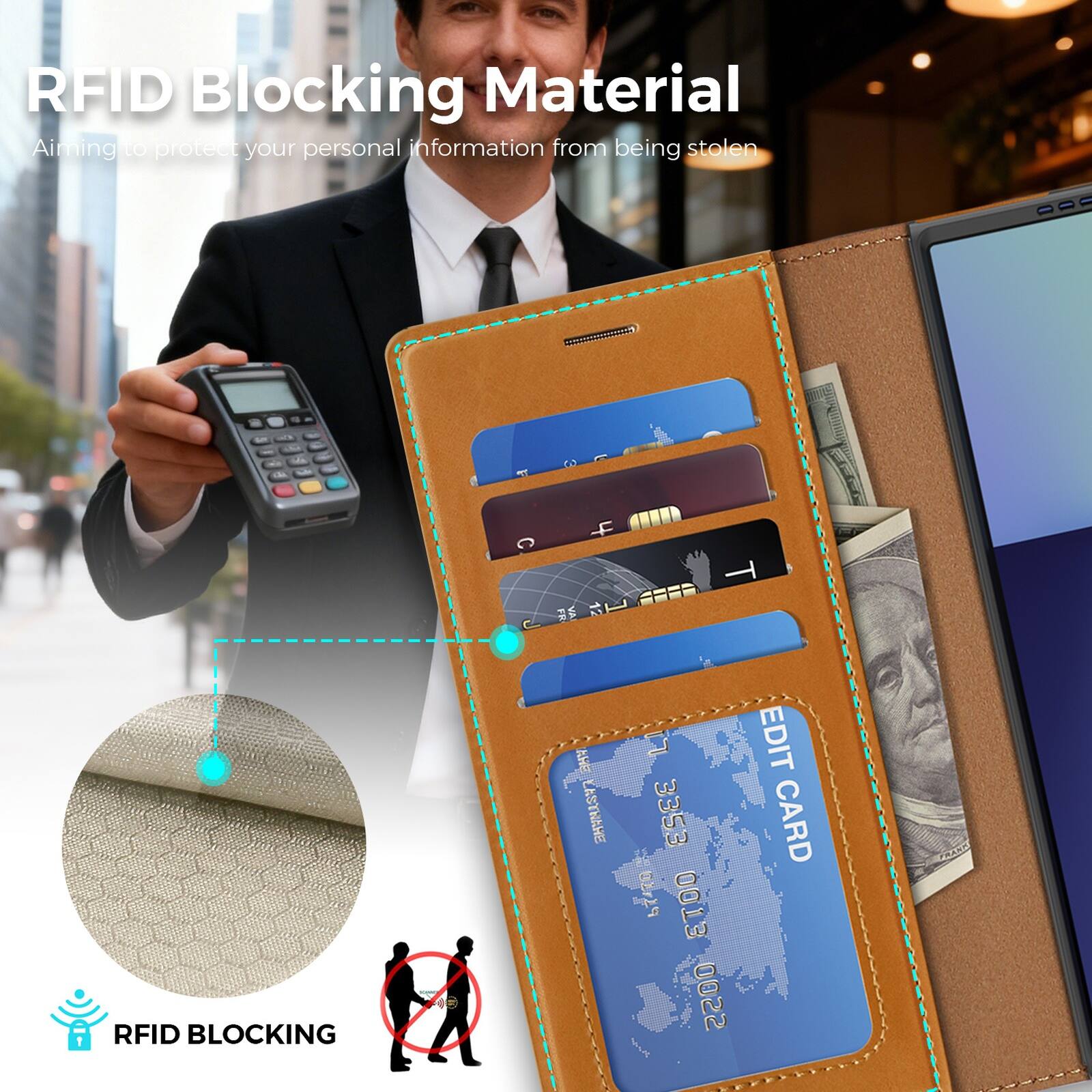 RFID Blocking Material  
Aiming to protect your personal information from being stolen  

RFID BLOCKING 4D AE LASTNAHE L ESEE B2729 ETOO SSOO  
EDIT CARD