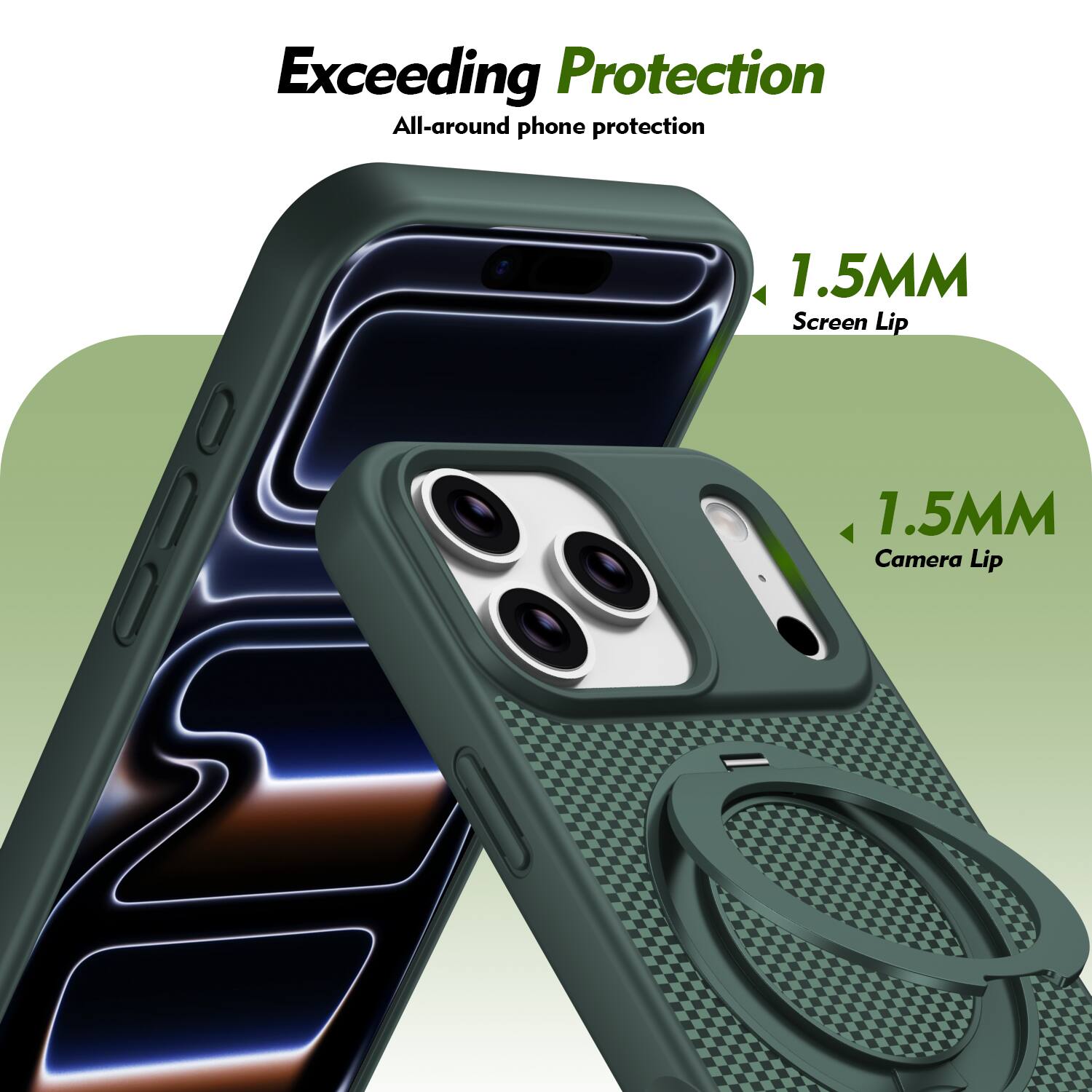 Exceeding Protection  
All-around phone protection  
1.5MM Screen Lip  
1.5MM Camera Lip