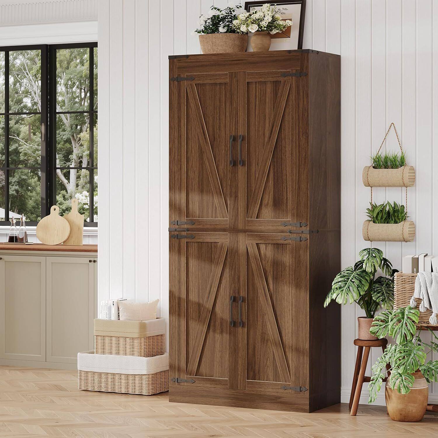 Back. GARVEE - 71in Tall Farmhouse Kitchen Pantry Storage Cabinet with 4 Barn Doors and Adjustable Shelves - Brown.