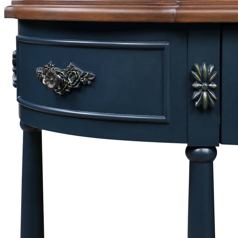 Back. Kadyn - Retro Curved Wood Console Table, 52 inch Circular Half Moon Sofa Table with Open Shelf and 2 Drawers, Living Room - Blue.