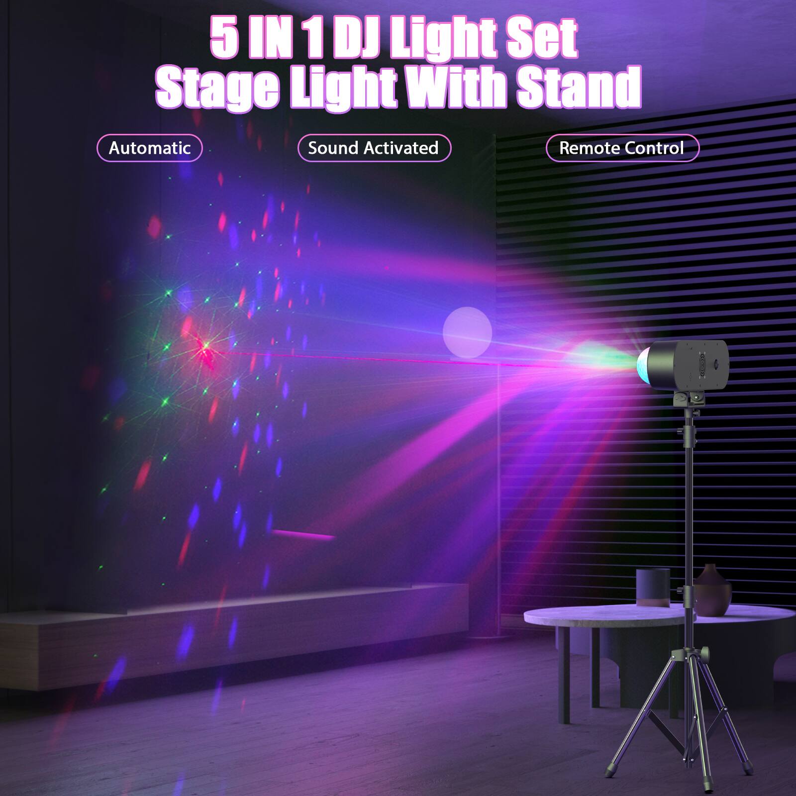 5 IN 1 DJ Light Set Stage Light With Stand

- Automatic
- Sound Activated
- Remote Control