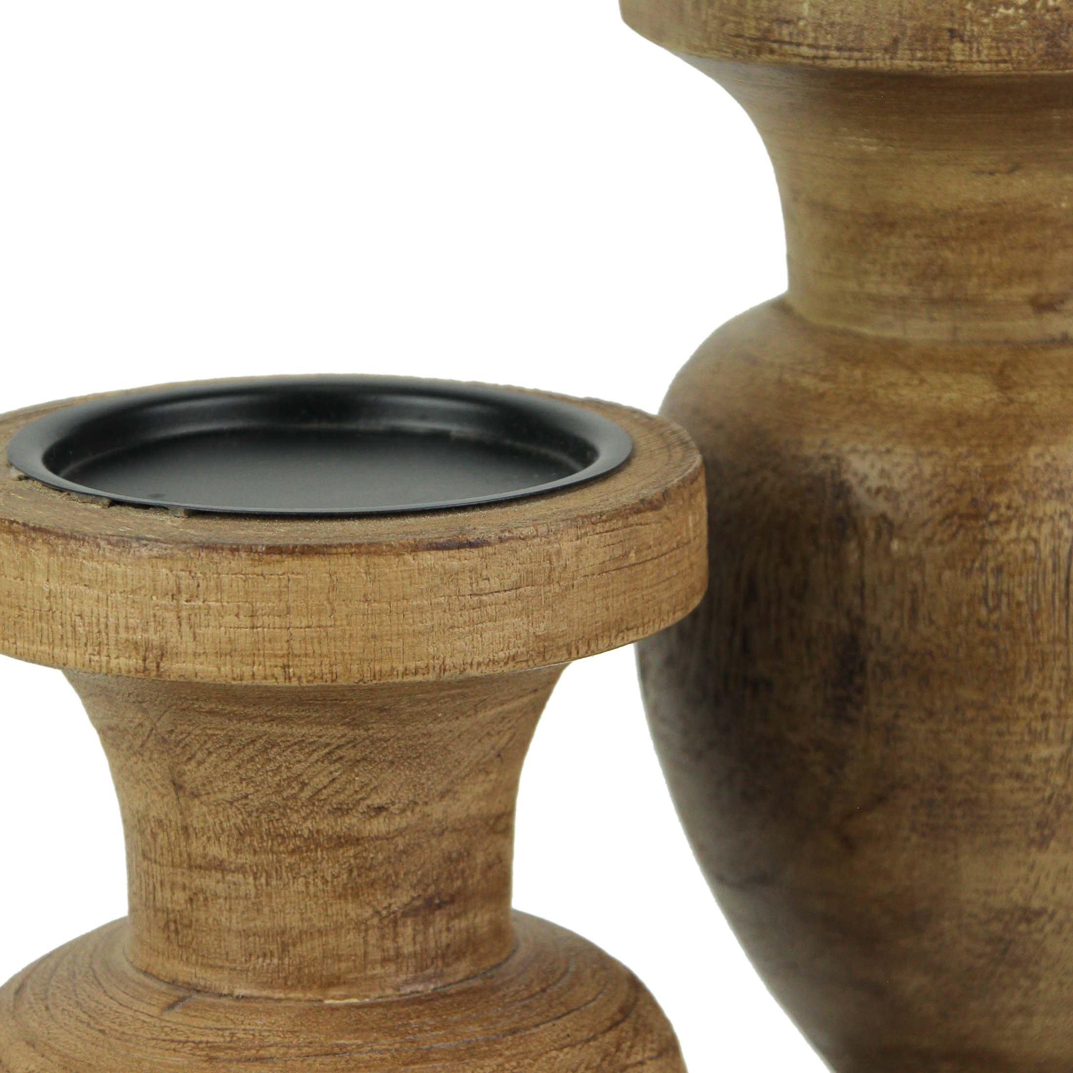 Alt View 2. Things2Die4 - Set of 2 Turned Wood and Metal Pedestal Pillar or Votive Candle Holders - Brown.