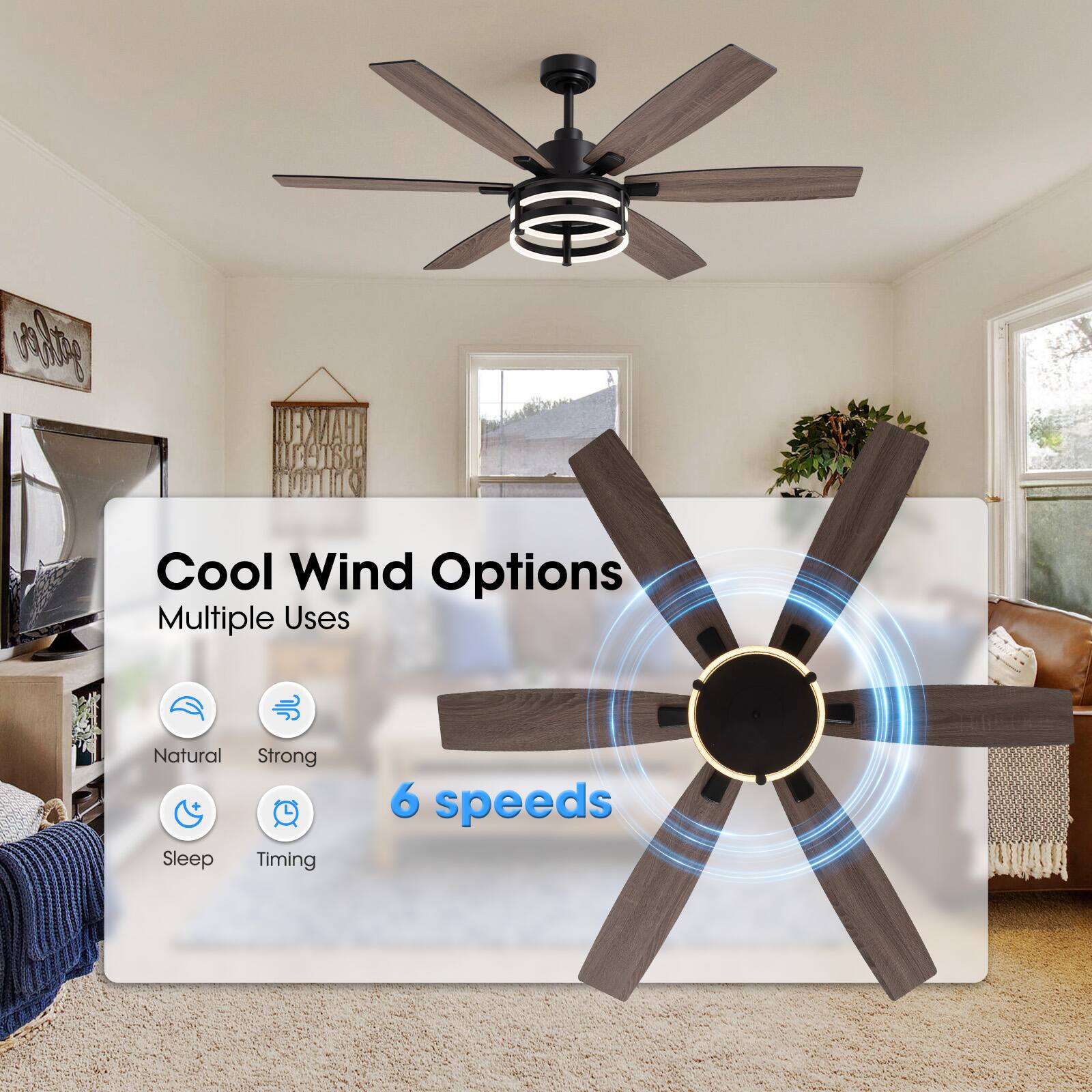 Cool Wind Options  
Multiple Uses  
6 speeds  
Natural  
Strong  
Sleep  
Timing
