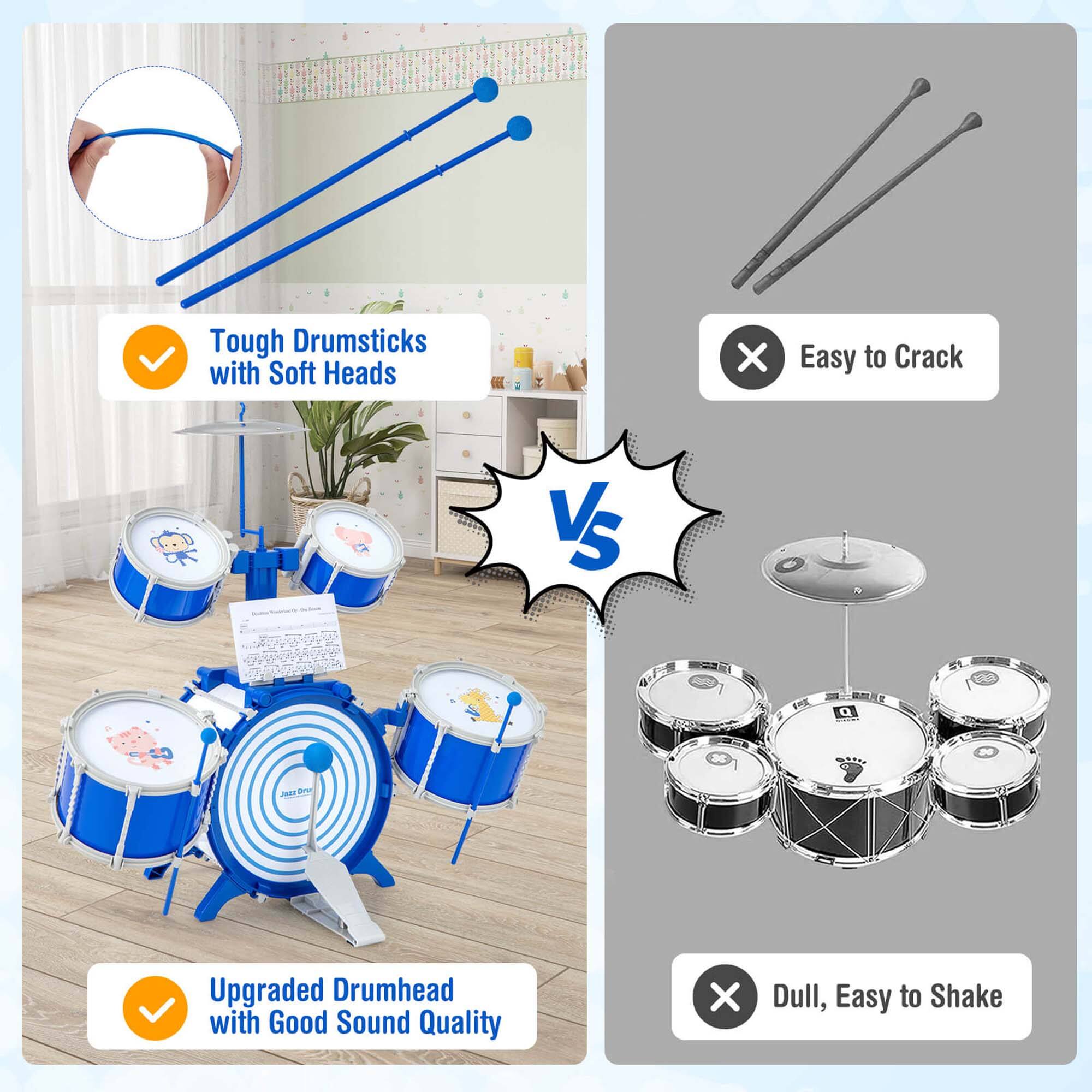 Tough Drumsticks with Soft Heads  
Upgraded Drumhead with Good Sound Quality  

VS  

Easy to Crack  
Dull, Easy to Shake