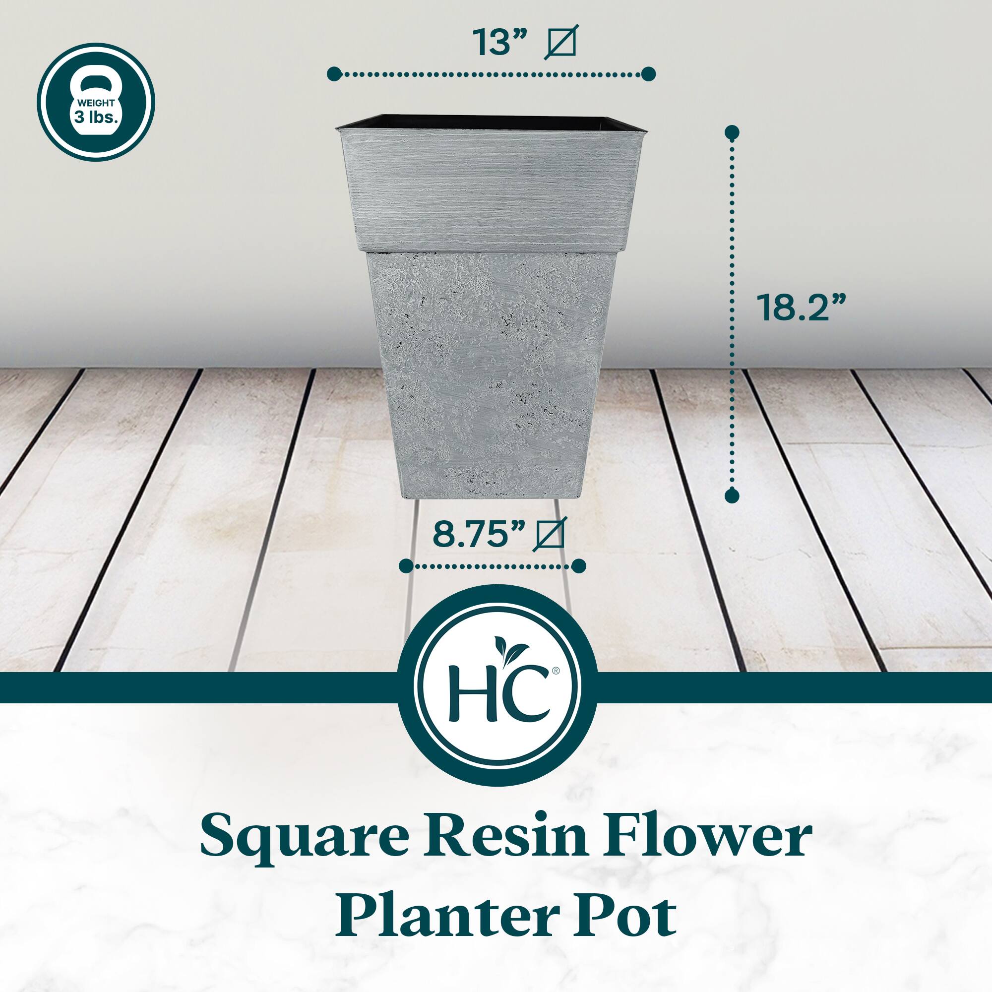13" WEIGHT 3 lbs. 18.2" 8.75" HC Square Resin Flower Planter Pot