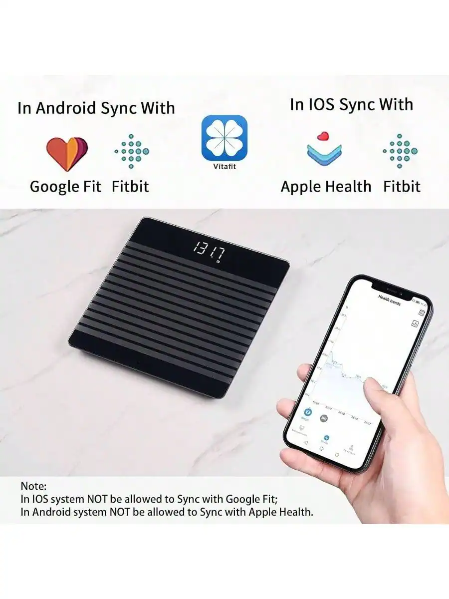 In Android Sync With  
Google Fit Fitbit Vitafit  

In iOS Sync With  
Apple Health Fitbit  

Note:  
In iOS system NOT be allowed to Sync with Google Fit;  
In Android system NOT be allowed to Sync with Apple Health.