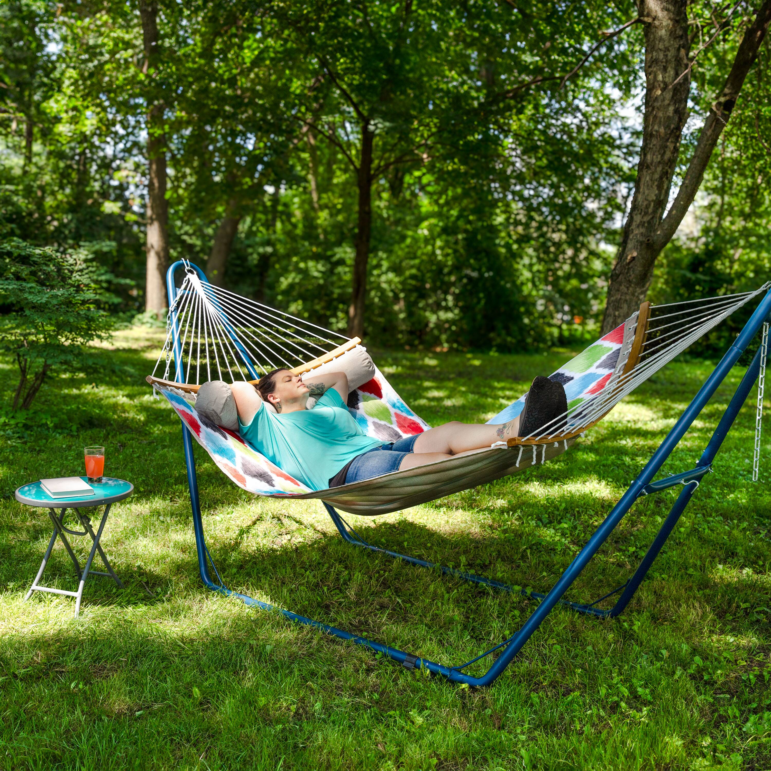 Alt View 4. Sunnydaze - Quilted Hammock with Curved Spreader Bar - Quatrefoil - Vivid Multi-Color.